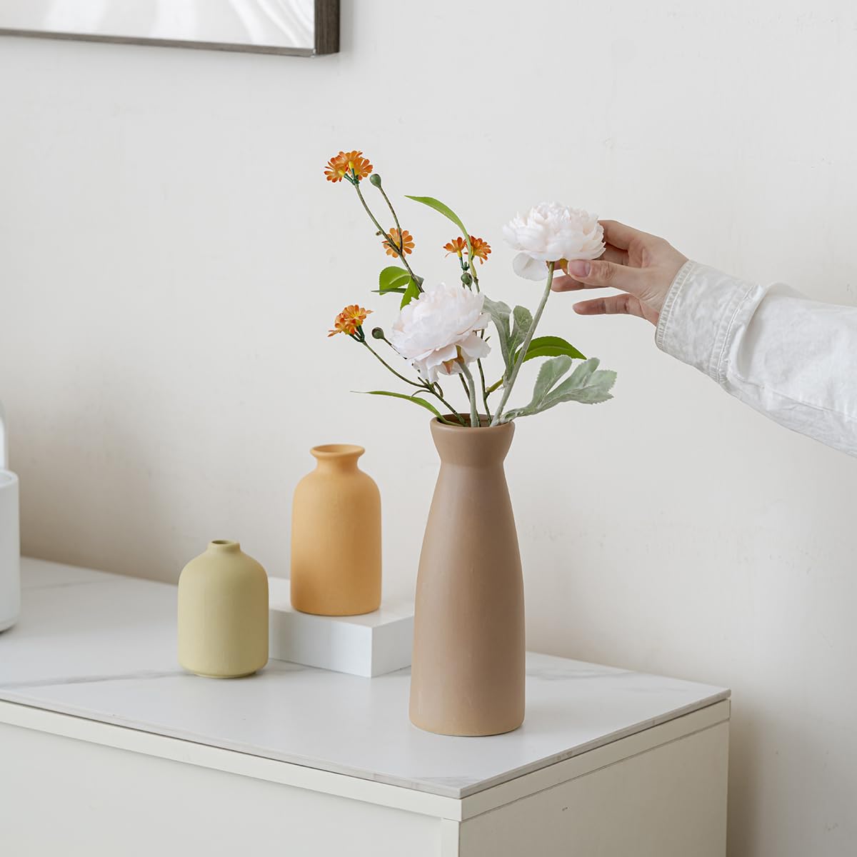 Distressed Ceramic Vase Set of 3, Modern Bohemian Farmhouse Home Decor, Pampas Grass Dried Flowers Vases for Living Room, Dining Room, Bedroom, Kitchen, Bathroom, Office, Entryway (White)