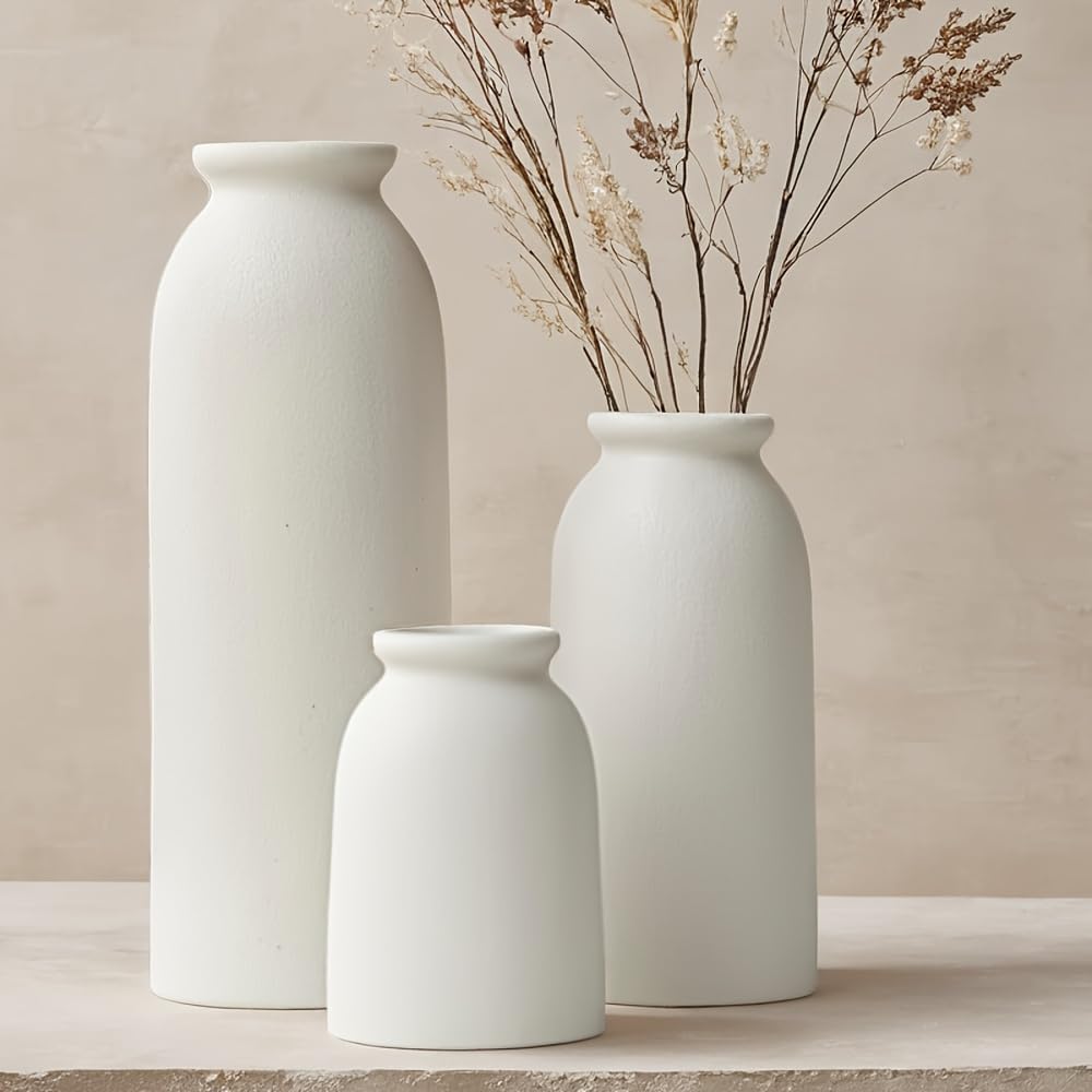 Ceramic Vase Set-3, Small Flower Vases for Decor, Modern Boho Farmhouse Style, Decorative Vases for Pampas Grass & Dried Flowers, Distressed Finish (Beige)
