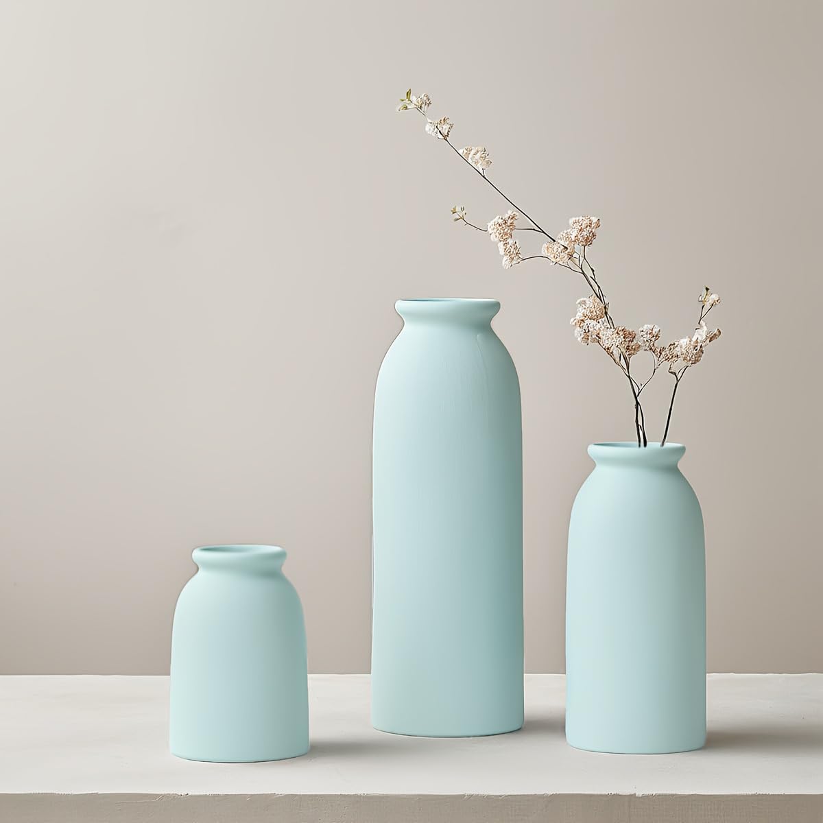 Ceramic Vase Set-3, Small Flower Vases for Decor, Modern Boho Farmhouse Style, Decorative Vases for Pampas Grass & Dried Flowers, Distressed Finish (Beige)