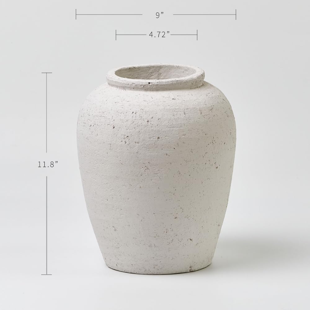 LB2 White Ceramic Large Vase, 11" Tall Zen Style, Terra Cotta Pitcher, Distressed Farmhouse Decor, Pottery Decorative Flower for Home Decor (B - White 11")
