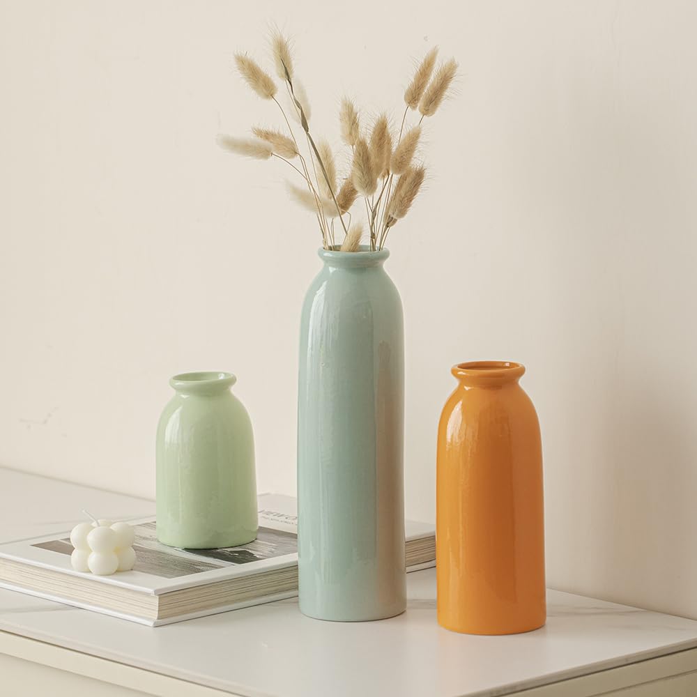 10.4 inches Tall Decorative Ceramic Vase Set, 3 Pieces, Nordic Modern Boho Style, White, Modern Farmhouse for Home Decor (Coffee Mix)