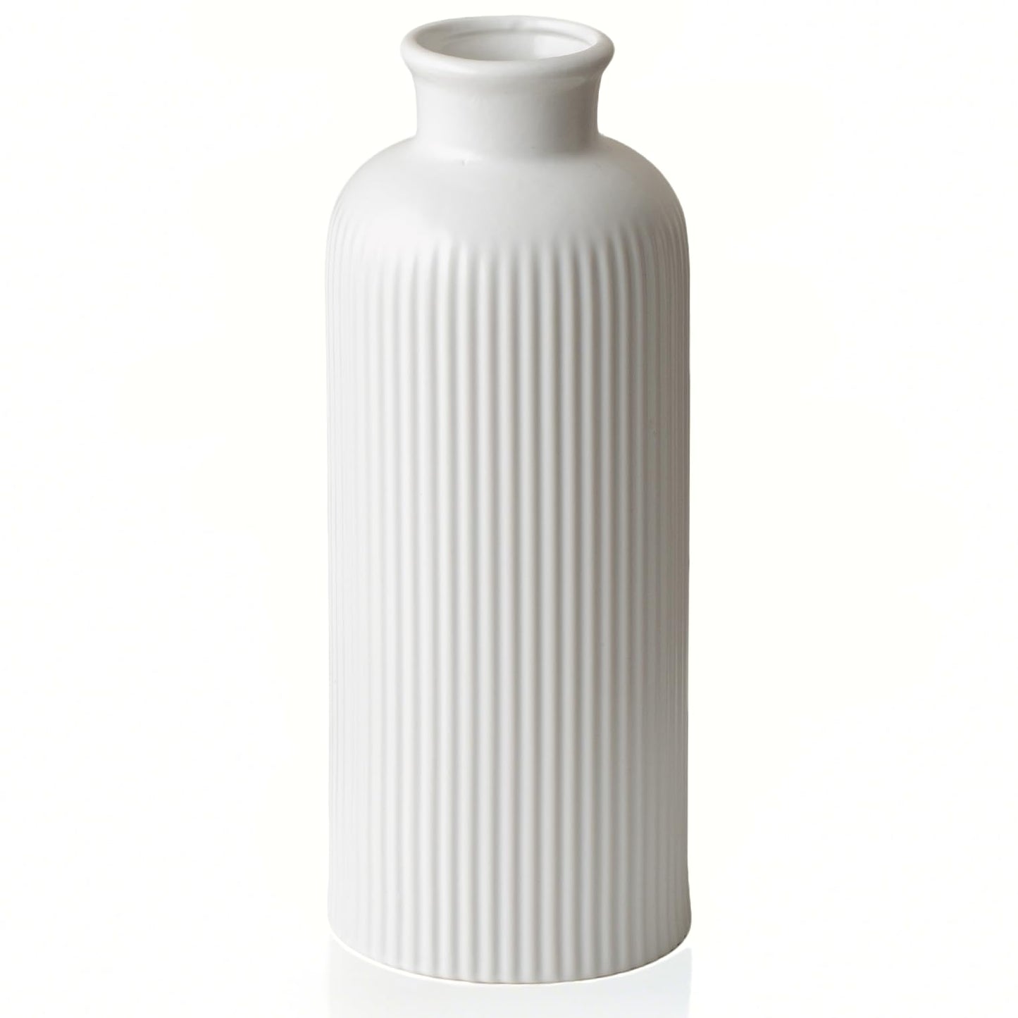 White Ribbed Ceramic Vase for Flowers, Modern Textured Decorative Vase, 10 Inch Tall, Farmhouse Style Home Decor (Matte Glaze White)