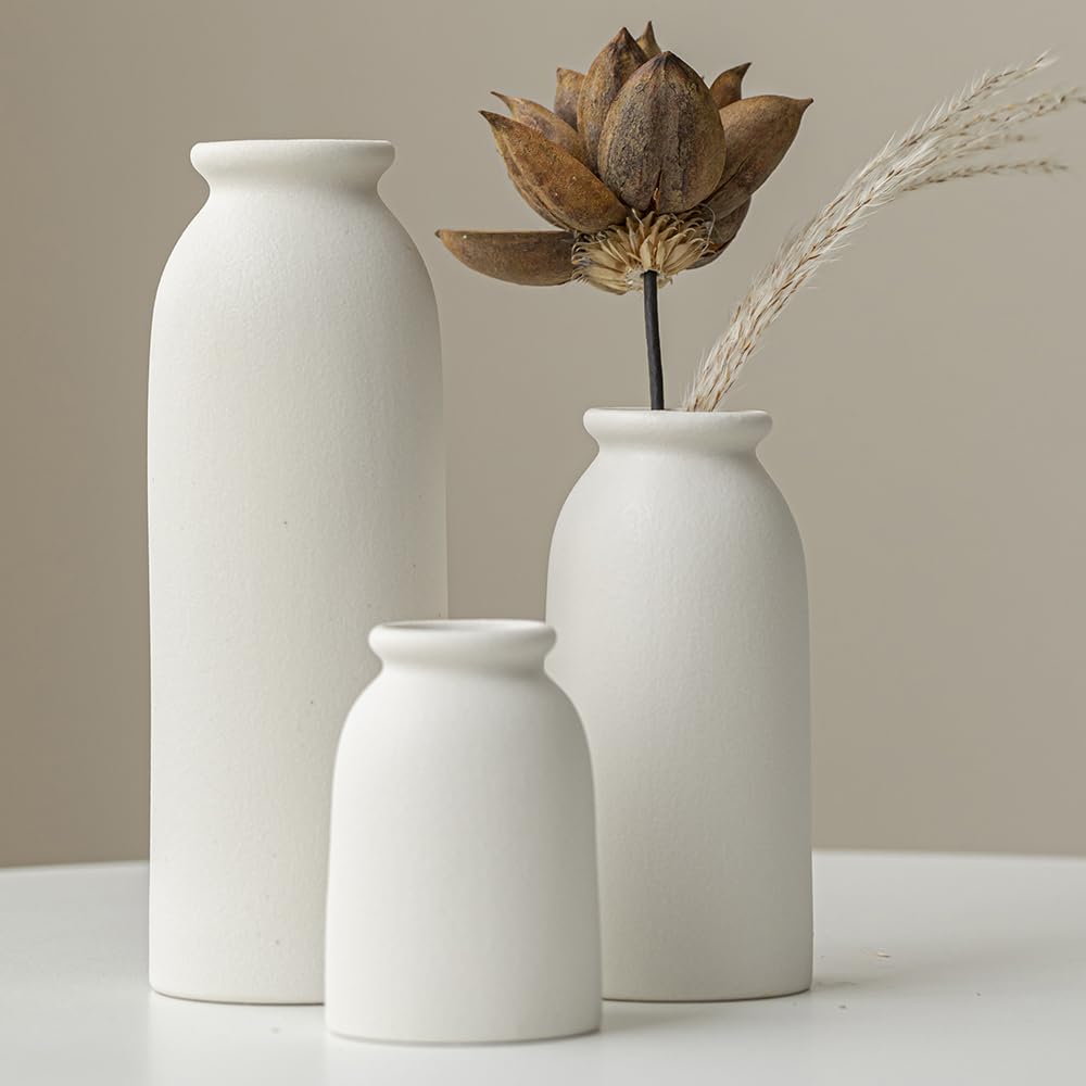 Ceramic Vase Set-3, Small Flower Vases for Decor, Modern Boho Farmhouse Style, Decorative Vases for Pampas Grass & Dried Flowers, Distressed Finish (Beige)