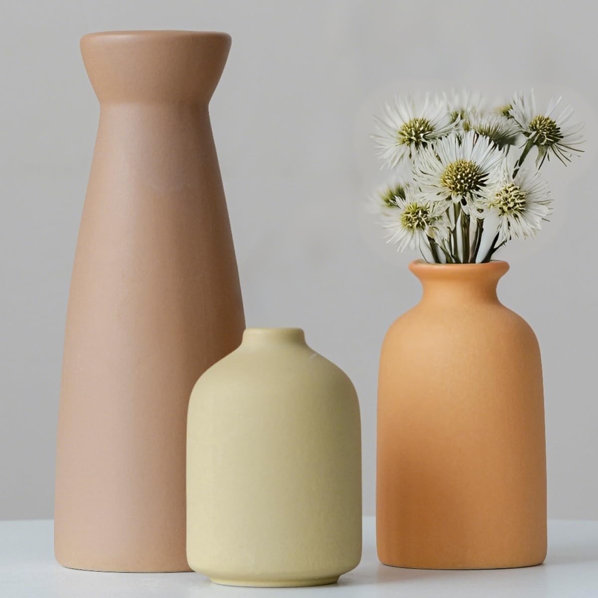 Distressed Ceramic Vase Set of 3, Modern Bohemian Farmhouse Home Decor, Pampas Grass Dried Flowers Vases for Living Room, Dining Room, Bedroom, Kitchen, Bathroom, Office, Entryway (White)