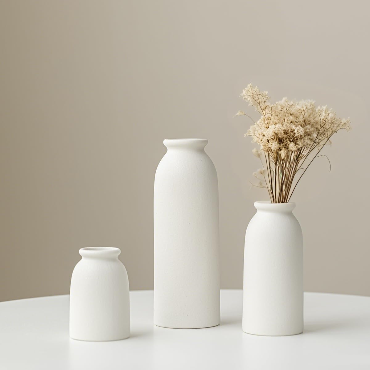 Ceramic Vase Set-3, Small Flower Vases for Decor, Modern Boho Farmhouse Style, Decorative Vases for Pampas Grass & Dried Flowers, Distressed Finish (Beige)
