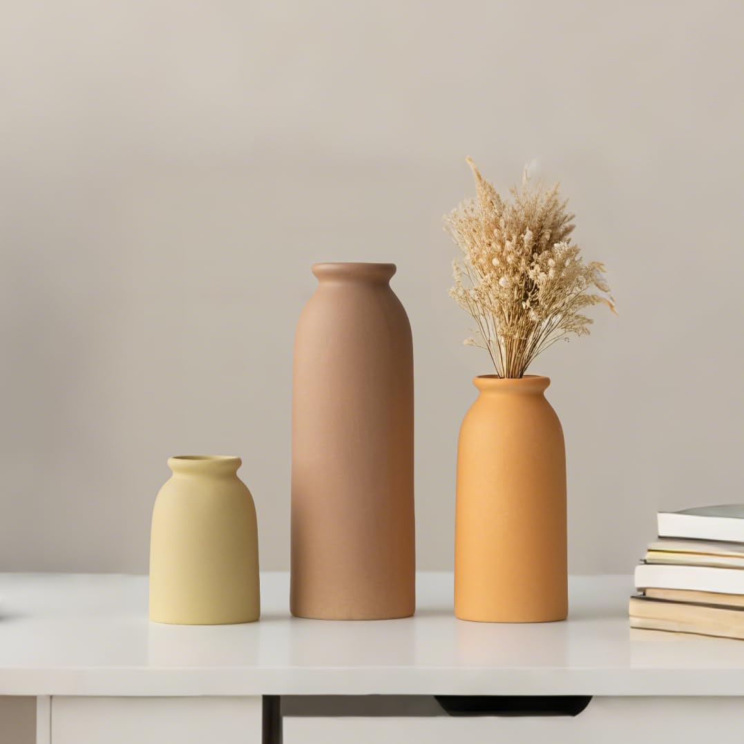 Ceramic Vase Set-3, Small Flower Vases for Decor, Modern Boho Farmhouse Style, Decorative Vases for Pampas Grass & Dried Flowers, Distressed Finish (Beige)