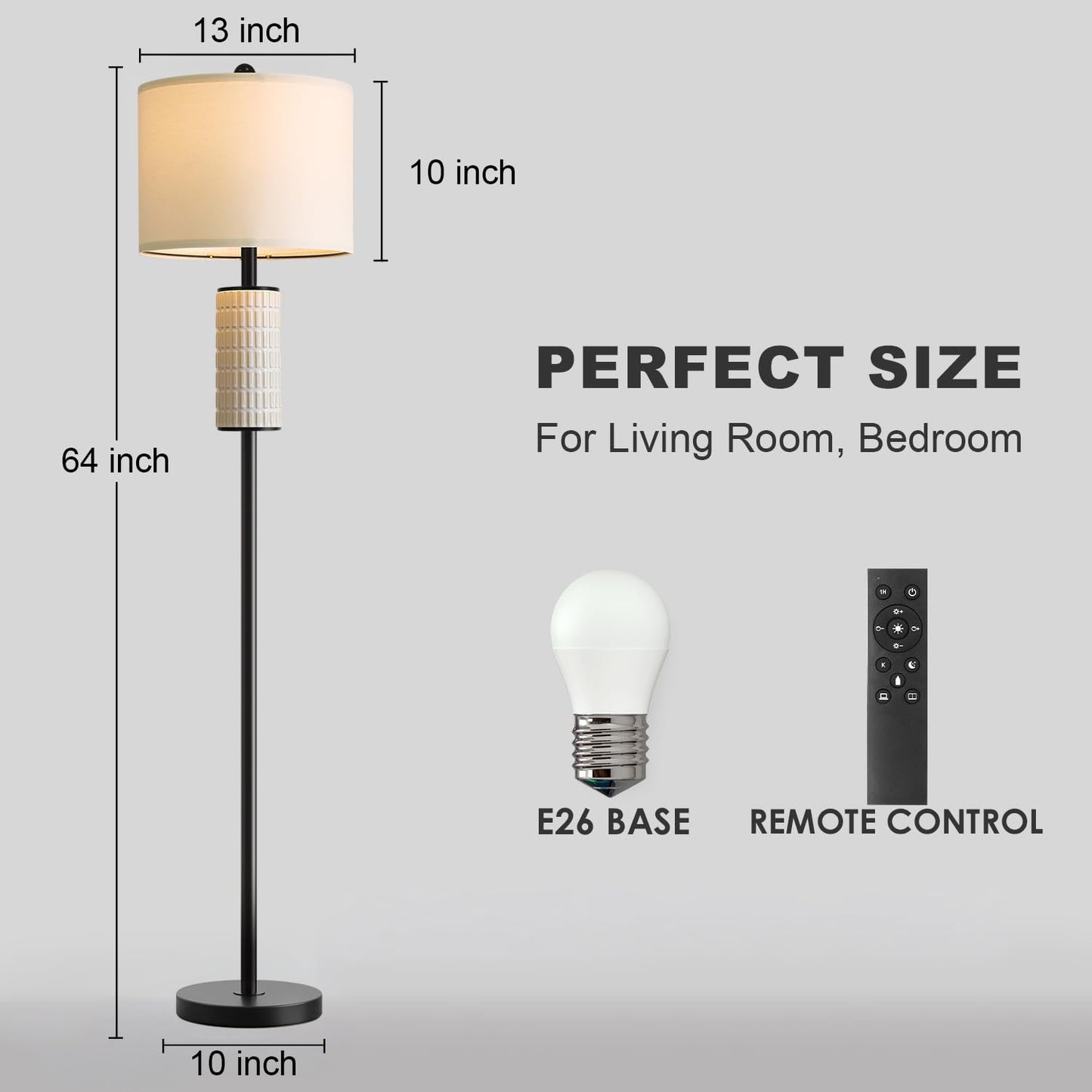 PoKat Farmhouse Floor Lamp for Living Room with Ceramic, 64" Black Standing Lamps for Living Room Corner, Modern Tall Floor Lamps for Bedroom, Sofa, Reading Nock, Rotary Switch, Matte Black