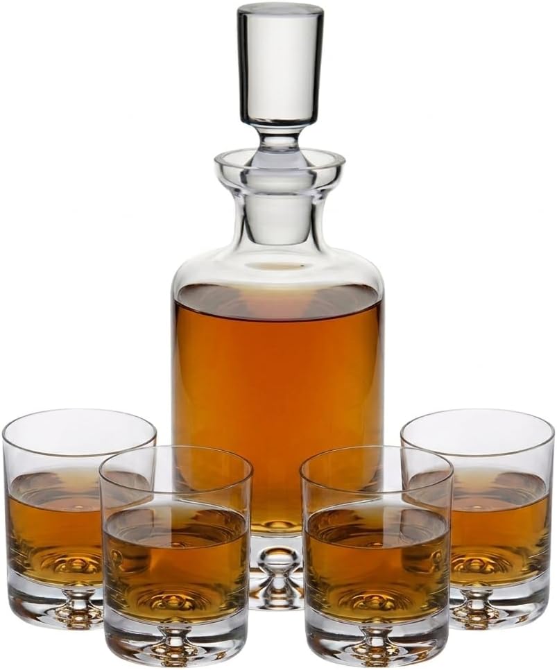Whiskey Decanter Set, Made in Europe, 100% Lead-Free Crystal, Gift-Boxed, 1 Decanter & 4 Double Old Fashioned Glasses (Kensington Decanter Set)