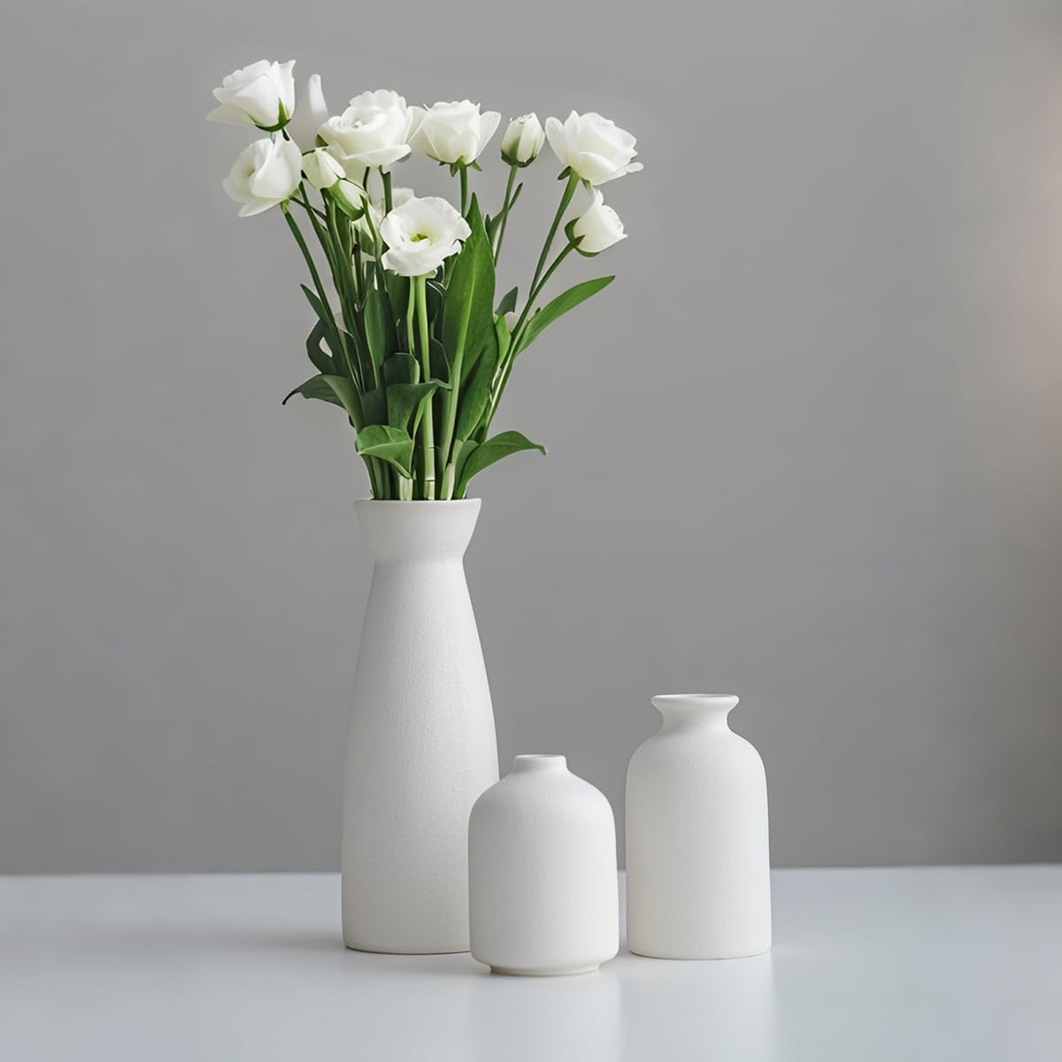 Distressed Ceramic Vase Set of 3, Modern Bohemian Farmhouse Home Decor, Pampas Grass Dried Flowers Vases for Living Room, Dining Room, Bedroom, Kitchen, Bathroom, Office, Entryway (White)