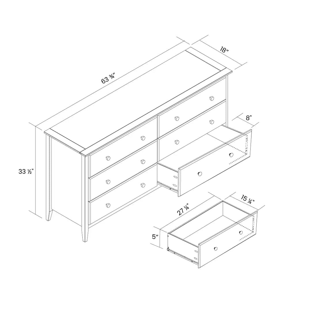 Grain Wood Furniture Greenport 6-Drawer Bedroom Dresser, Solid Wood with a Brushed Walnut Finish