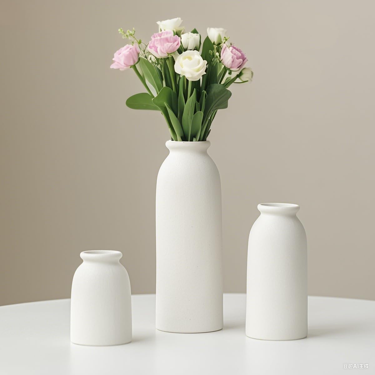 Ceramic Vase Set-3, Small Flower Vases for Decor, Modern Boho Farmhouse Style, Decorative Vases for Pampas Grass & Dried Flowers, Distressed Finish (Beige)
