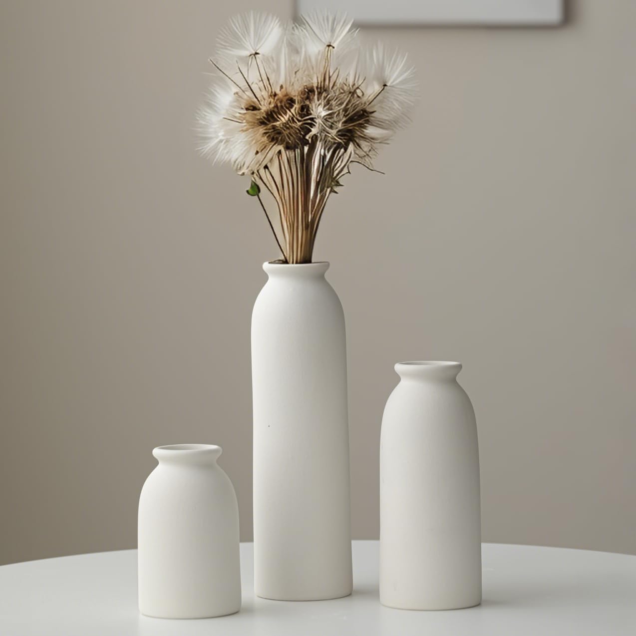 10.4 inches Tall Decorative Ceramic Vase Set, 3 Pieces, Nordic Modern Boho Style, White, Modern Farmhouse for Home Decor (Coffee Mix)