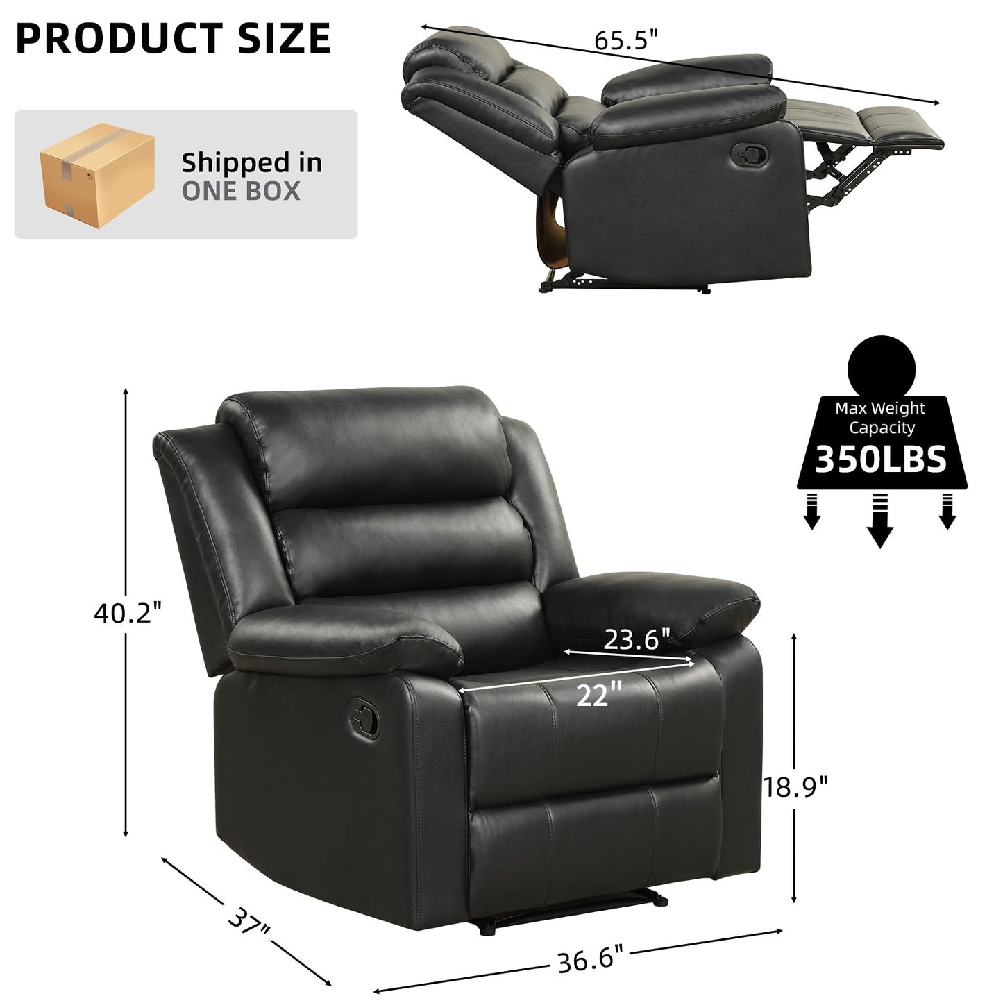 IOMOR Manual Recliner Chair with Overstuffed Arm and Extra-Padded Back, Breathable PU Leather Reclining Chair for Adults, Single Sofa for Living Room, Bedroom (Dark Brown)