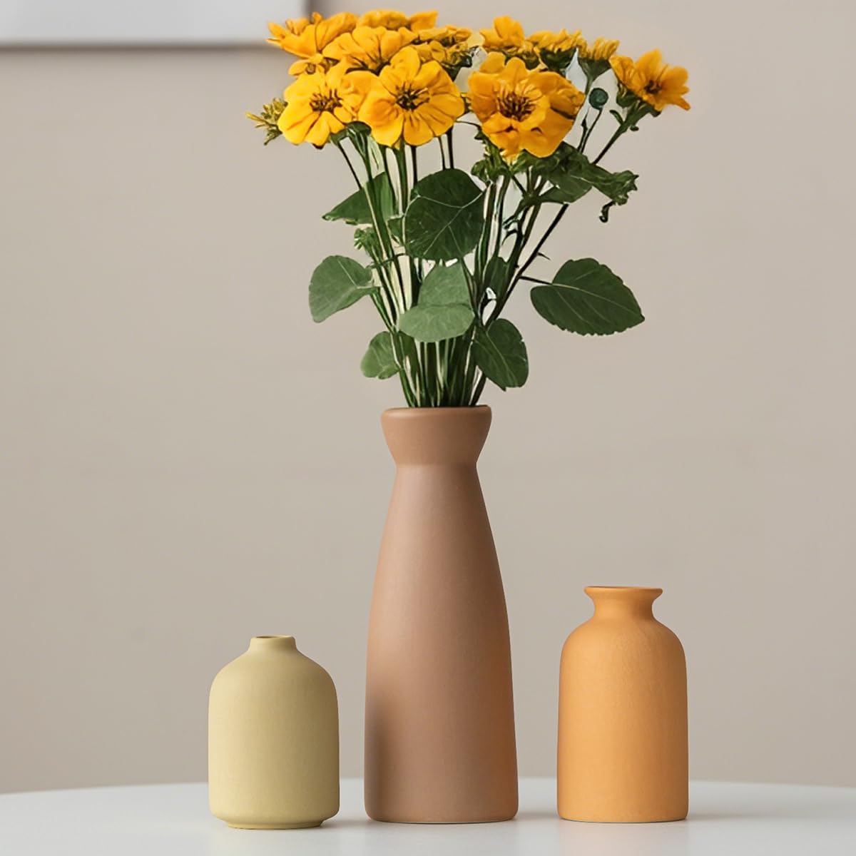 Distressed Ceramic Vase Set of 3, Modern Bohemian Farmhouse Home Decor, Pampas Grass Dried Flowers Vases for Living Room, Dining Room, Bedroom, Kitchen, Bathroom, Office, Entryway (White)