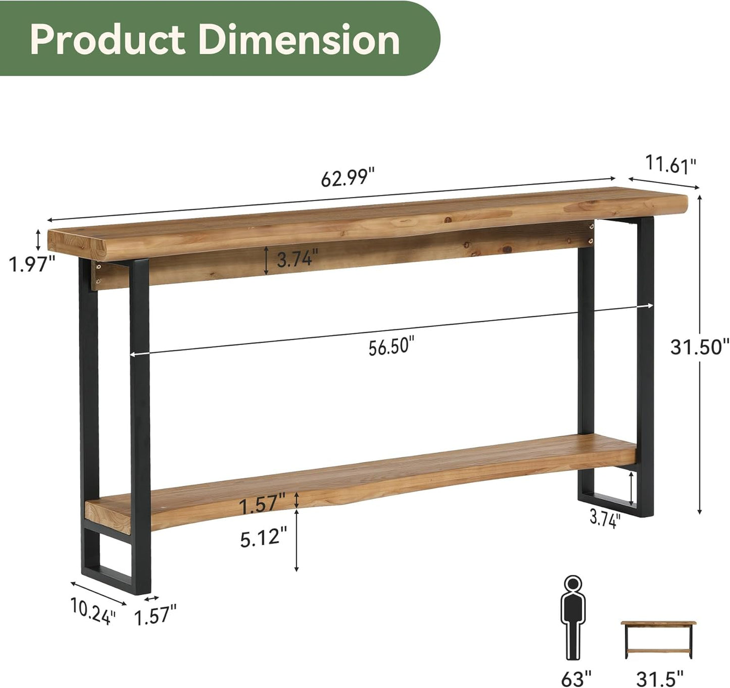 Solid Wood Live-Edge Console Table for Entryway, Farmhouse 63-Inch Narrow Long Sofa Table Behind Couch with Unique Shape, Heavy-Duty Metal Legs, Ideal for Foyer, Entrance, Living Room