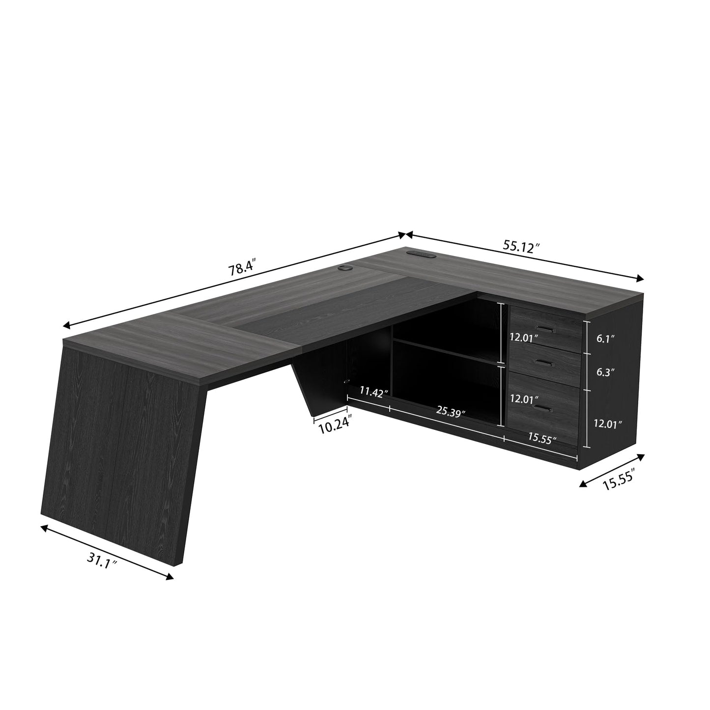 Epecoya L-Shaped Executive Desk with Drawer, 78-Inch Large Home Office Desk with Cord Hold and Power Outlet, Modern Computer Table with Lateral File Cabinet,Open Shelf and PC Stand, Walnut Brown Black