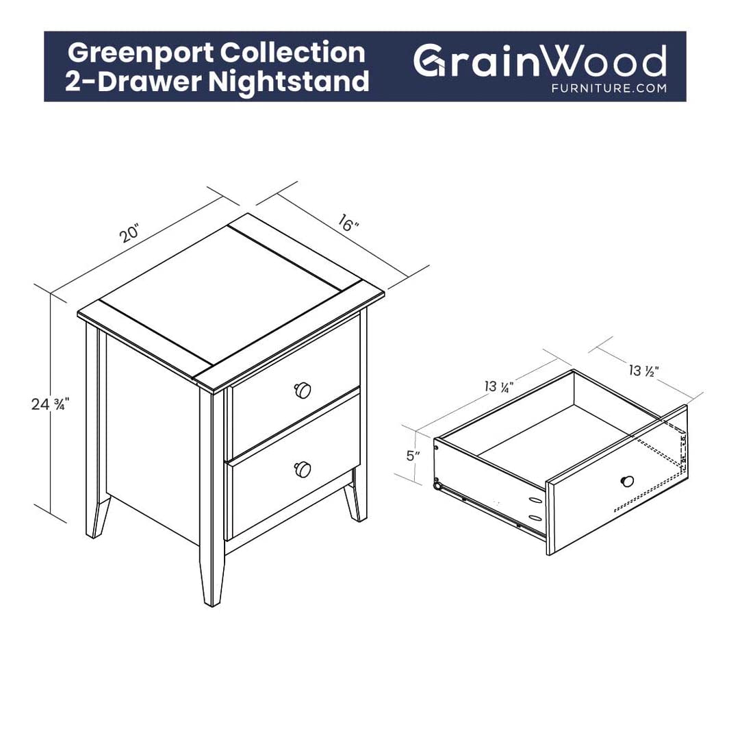 Grain Wood Furniture Greenport 2-Drawer Bedroom Nightstand, Solid Wood with Brushed Walnut Finish