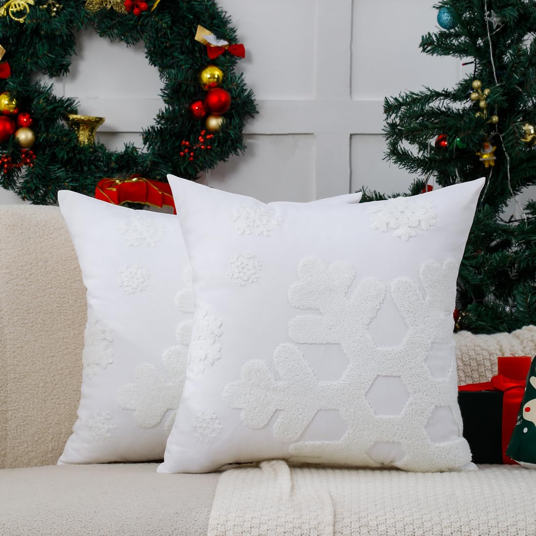VAKADO Christmas Throw Pillow Covers 18x18 Set of 2 Embroidered Snowflake Decorative Xmas Cushion Cases Holiday Soft Home Decor for Bedroom Sofa Chair Porch Winter, Blue