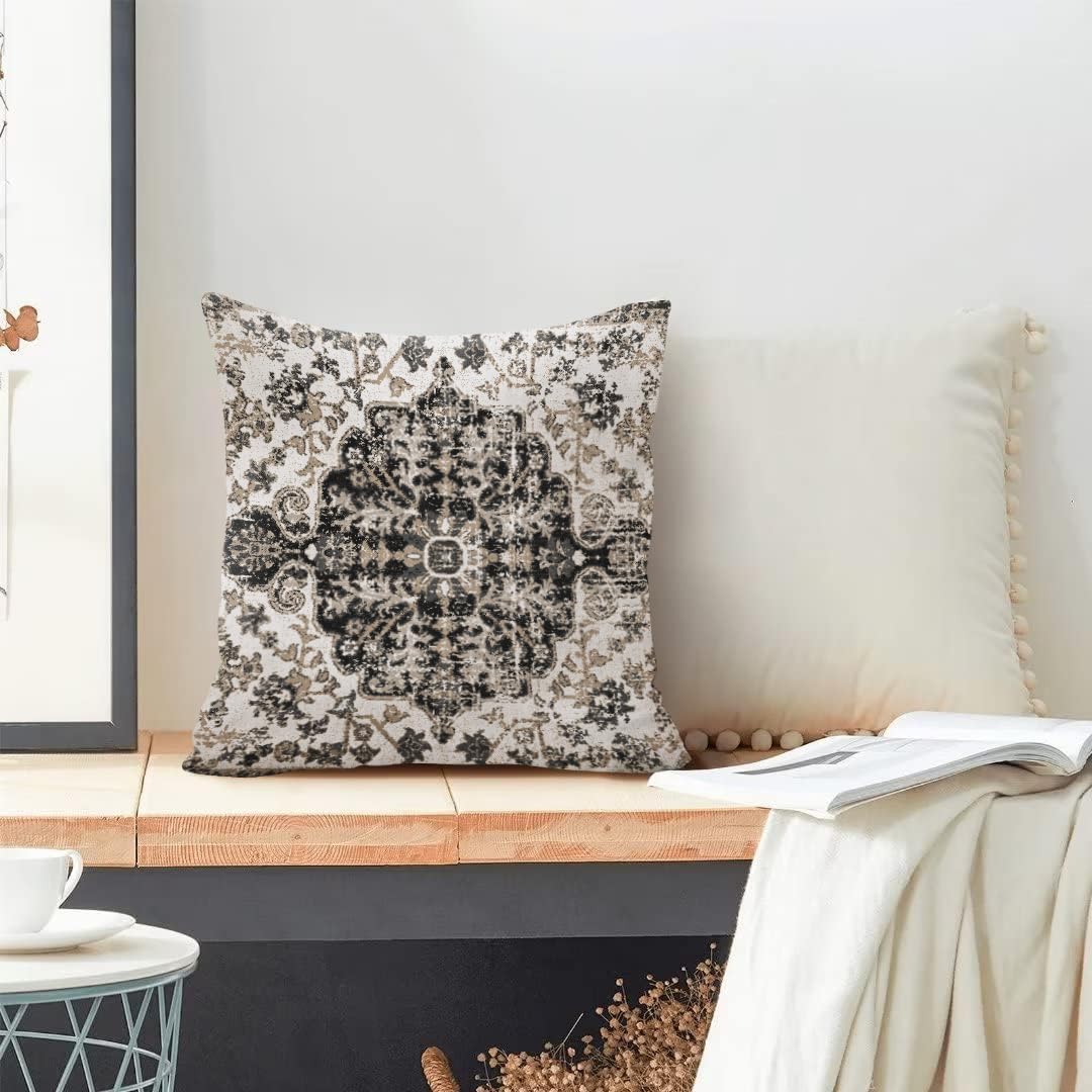 VAKADO Outdoor 22x22 Set of 2 Throw Pillow Covers Boho Black Decorative Spring Farmhouse Bohemian Carpet Gray Floral Farmhouse Home Decor for Living Room Bedroom Bed Cushion Cases