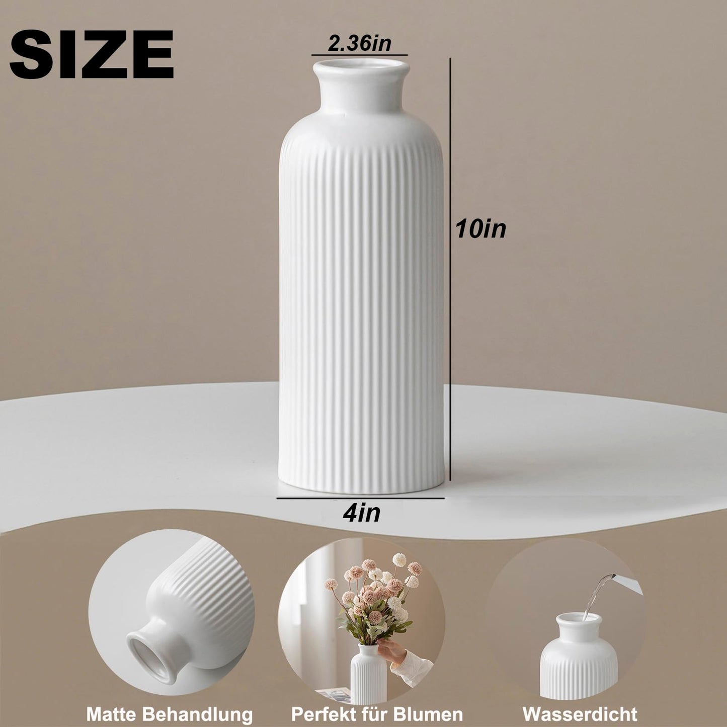 White Ribbed Ceramic Vase for Flowers, Modern Textured Decorative Vase, 10 Inch Tall, Farmhouse Style Home Decor (Matte Glaze White)