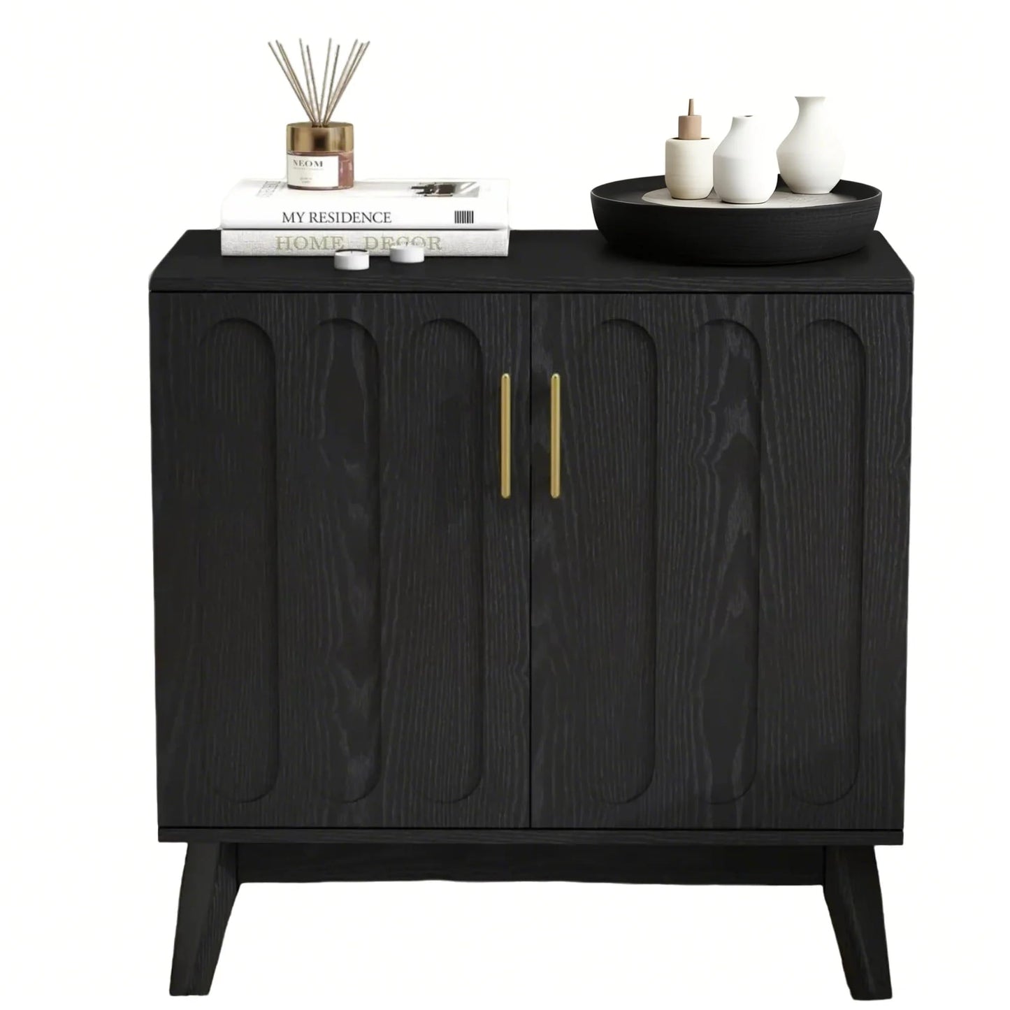 LKTART Mid Century Modern Storage Cabinet with Rattan Sliding Doors and Open Shelves, Boho Style Wooden Sideboard Buffet for Living Room,Dark Walnut