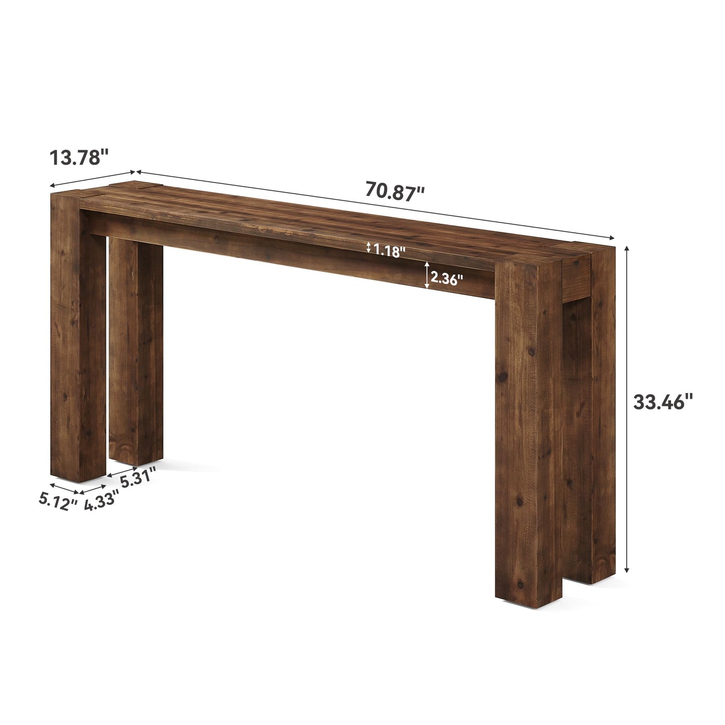 Solid Wood Console Table for Entryway, 70.9-Inch Extra Long Farmhouse Sofa Table Behind Couch, for Living Room, Foyer, Hallway, Entrance, Rustic Brown