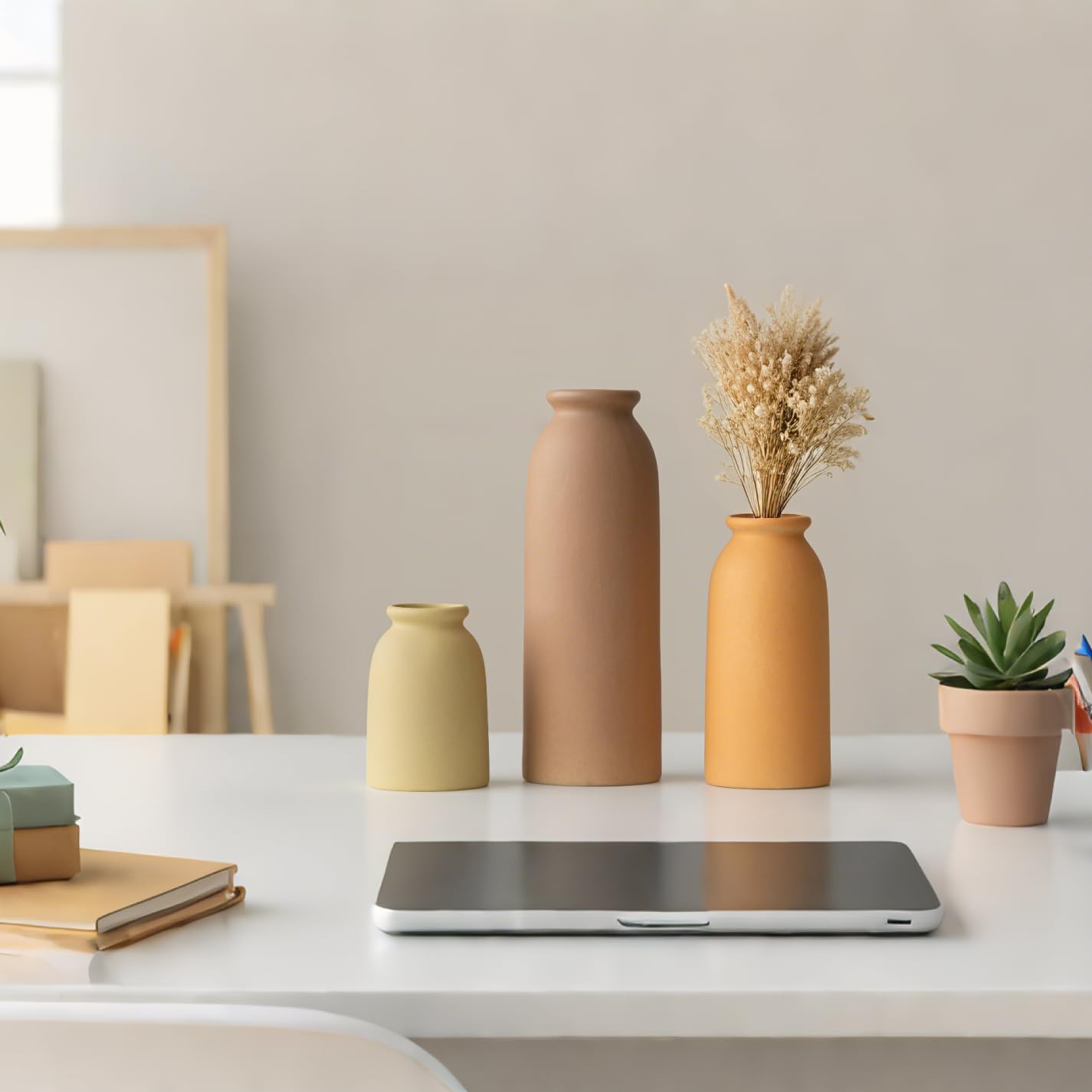 Ceramic Vase Set-3, Small Flower Vases for Decor, Modern Boho Farmhouse Style, Decorative Vases for Pampas Grass & Dried Flowers, Distressed Finish (Beige)