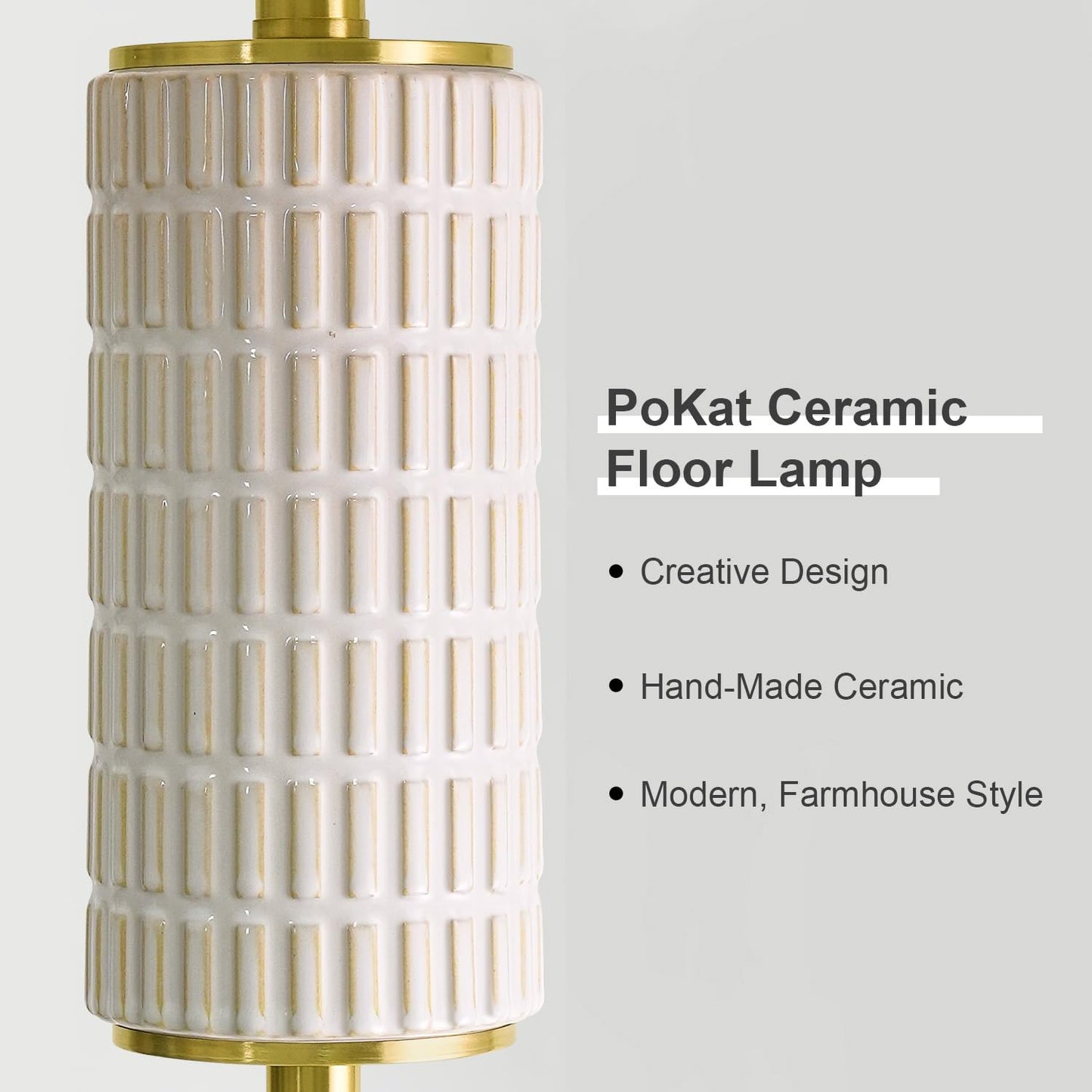PoKat Farmhouse Floor Lamp for Living Room with Ceramic, 64" Black Standing Lamps for Living Room Corner, Modern Tall Floor Lamps for Bedroom, Sofa, Reading Nock, Rotary Switch, Matte Black