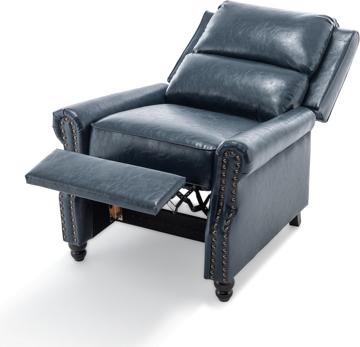 Pushback Recliner Chairs Set of 2, Comfy Fabric Wingback Recliner Chair, Upholstered Armchair Push Back Recliner with Wood Legs, Rivet Trim Accent Chair for Living Room, Bedroom, Blue Stripe