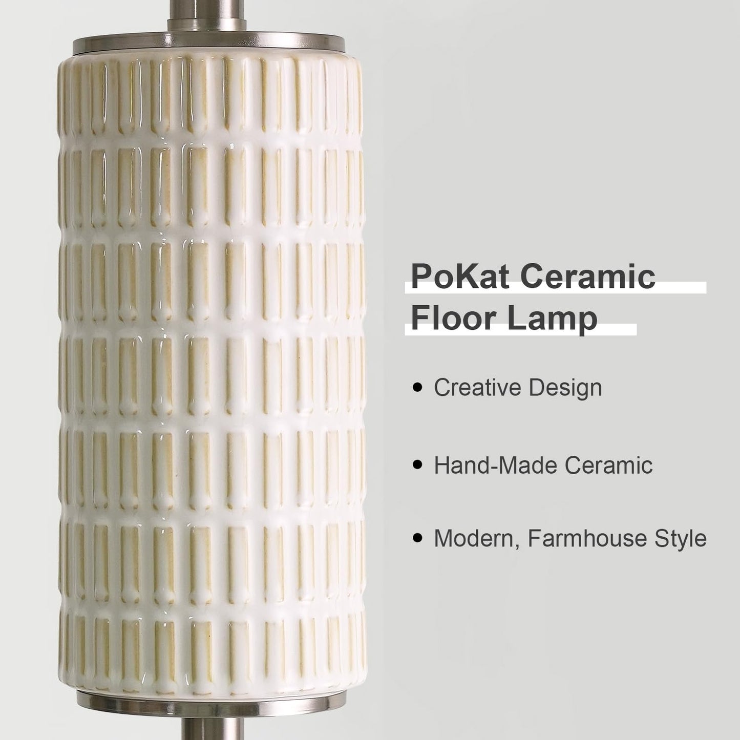 PoKat Farmhouse Floor Lamp for Living Room with Ceramic, 64" Black Standing Lamps for Living Room Corner, Modern Tall Floor Lamps for Bedroom, Sofa, Reading Nock, Rotary Switch, Matte Black