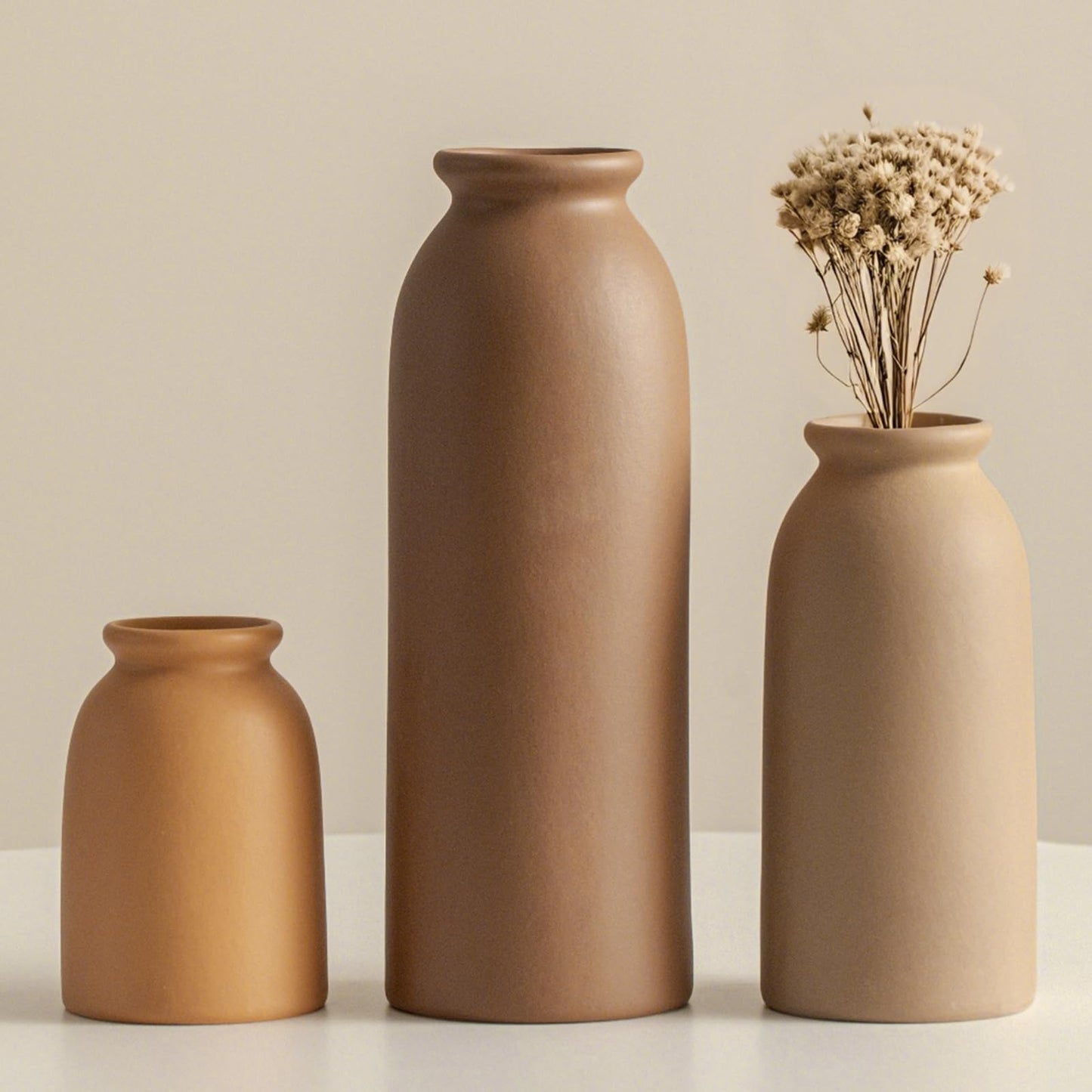 Ceramic Vase Set-3, Small Flower Vases for Decor, Modern Boho Farmhouse Style, Decorative Vases for Pampas Grass & Dried Flowers, Distressed Finish (Beige)
