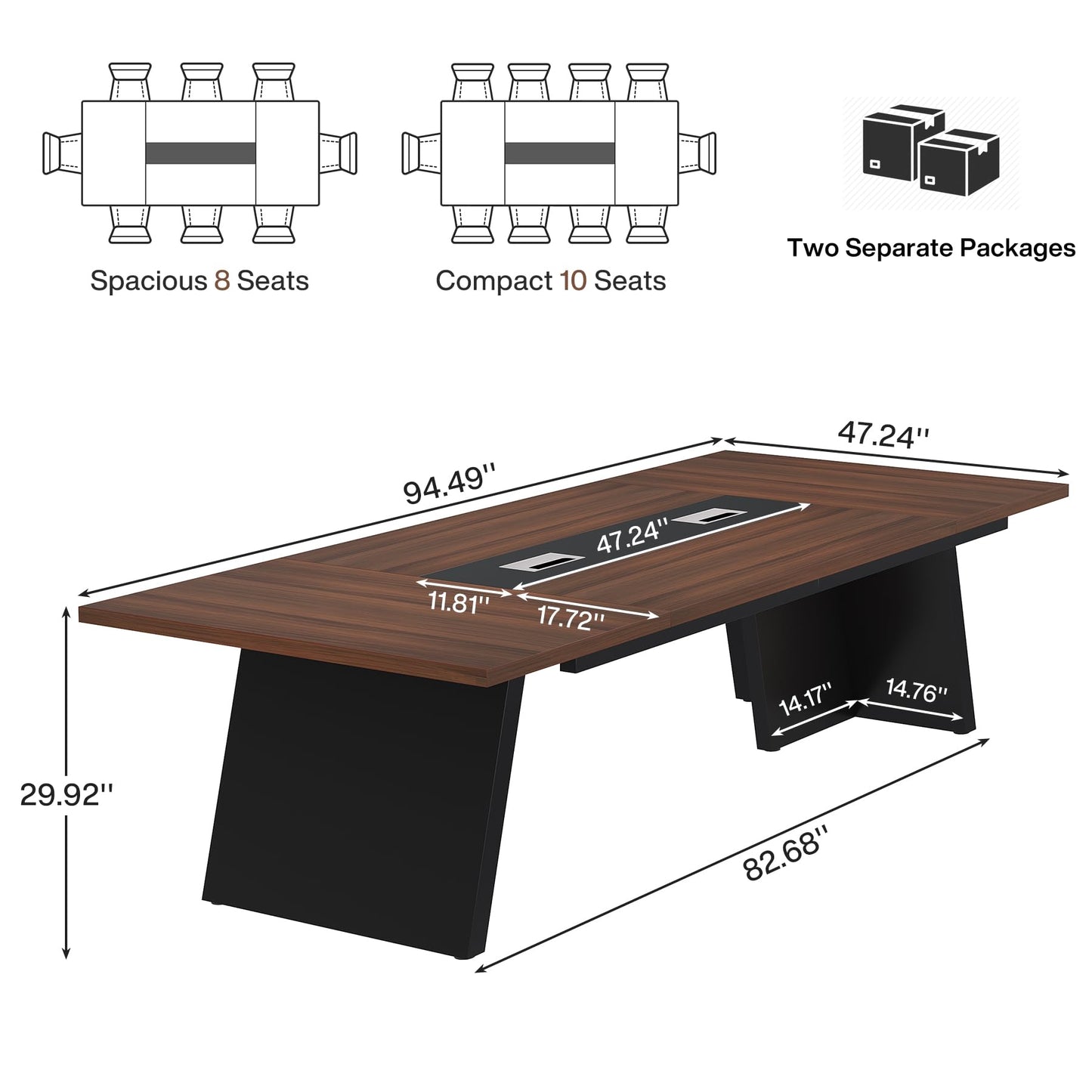 Tribesigns 8ft Conference Table, Modern Office Meeting Room Desk with Cable Management, Large Business Furniture for Boardroom, Conference Room (1, Walnut + Black)