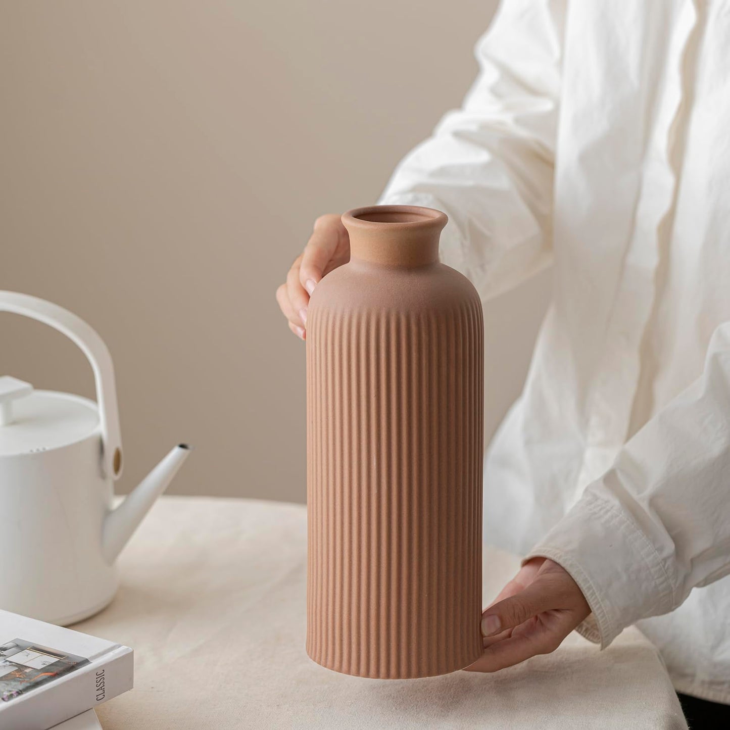 White Ribbed Ceramic Vase for Flowers, Modern Textured Decorative Vase, 10 Inch Tall, Farmhouse Style Home Decor (Matte Glaze White)