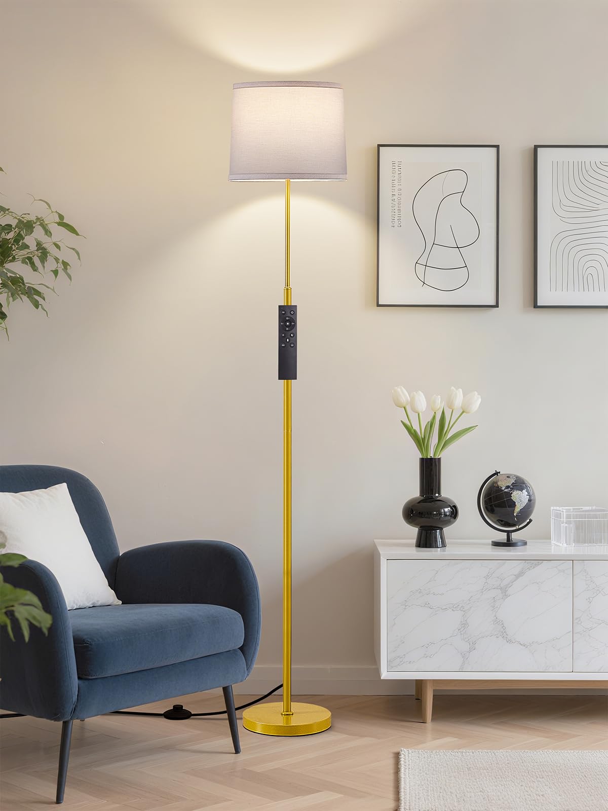 60" Modern Floor Lamp for Living Room Bedroom, Standing Lamp with Oatmeal Linen Lampshade, Tall Lamp with A19 9W 3 Color Temperature Bulb, Foot Switch Control, Black