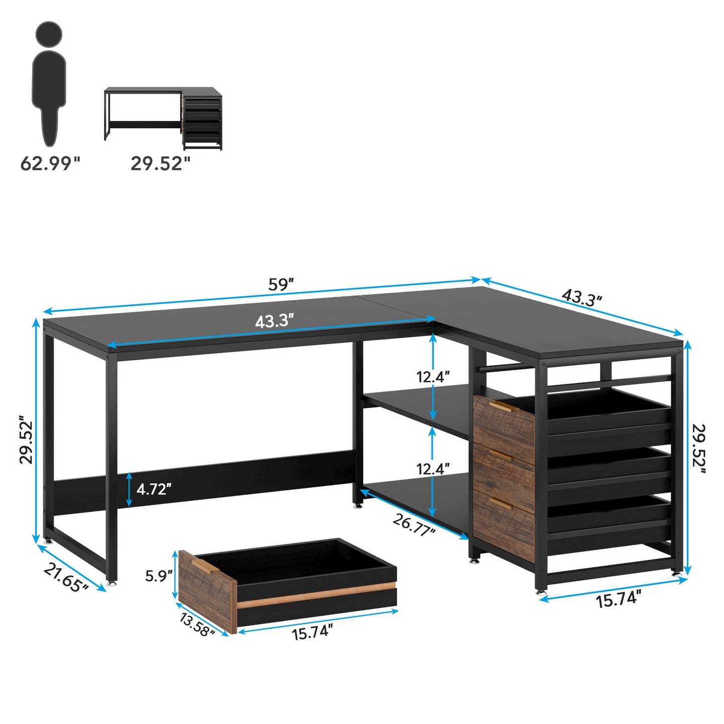 Tribesigns L Shaped Computer Desk with Storage Drawers, 59 inch Corner Desk with Shelves, Reversible L-Shaped Office Desk Study Writing Table Workstation for Home Office, Walnut & White