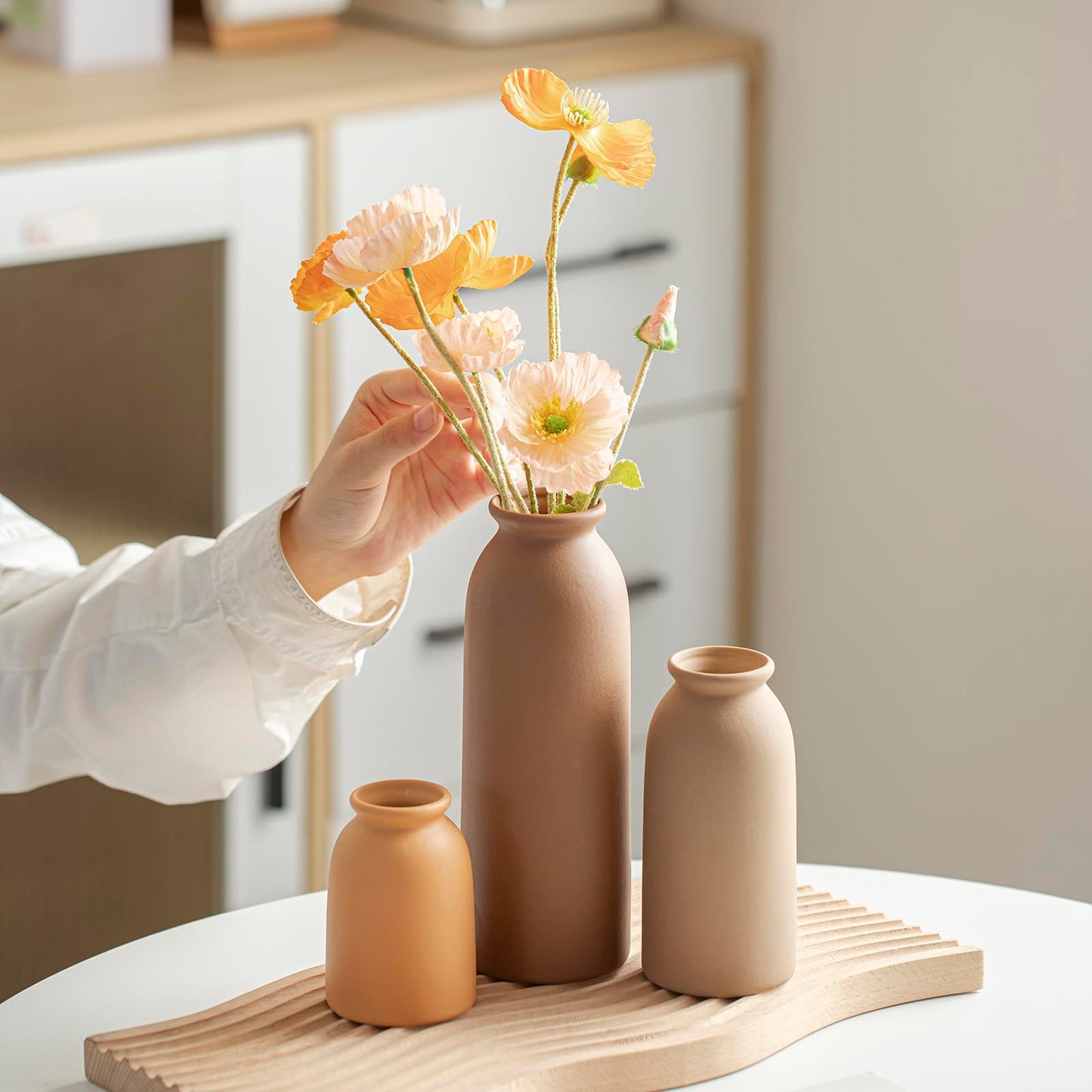 Ceramic Vase Set-3, Small Flower Vases for Decor, Modern Boho Farmhouse Style, Decorative Vases for Pampas Grass & Dried Flowers, Distressed Finish (Beige)