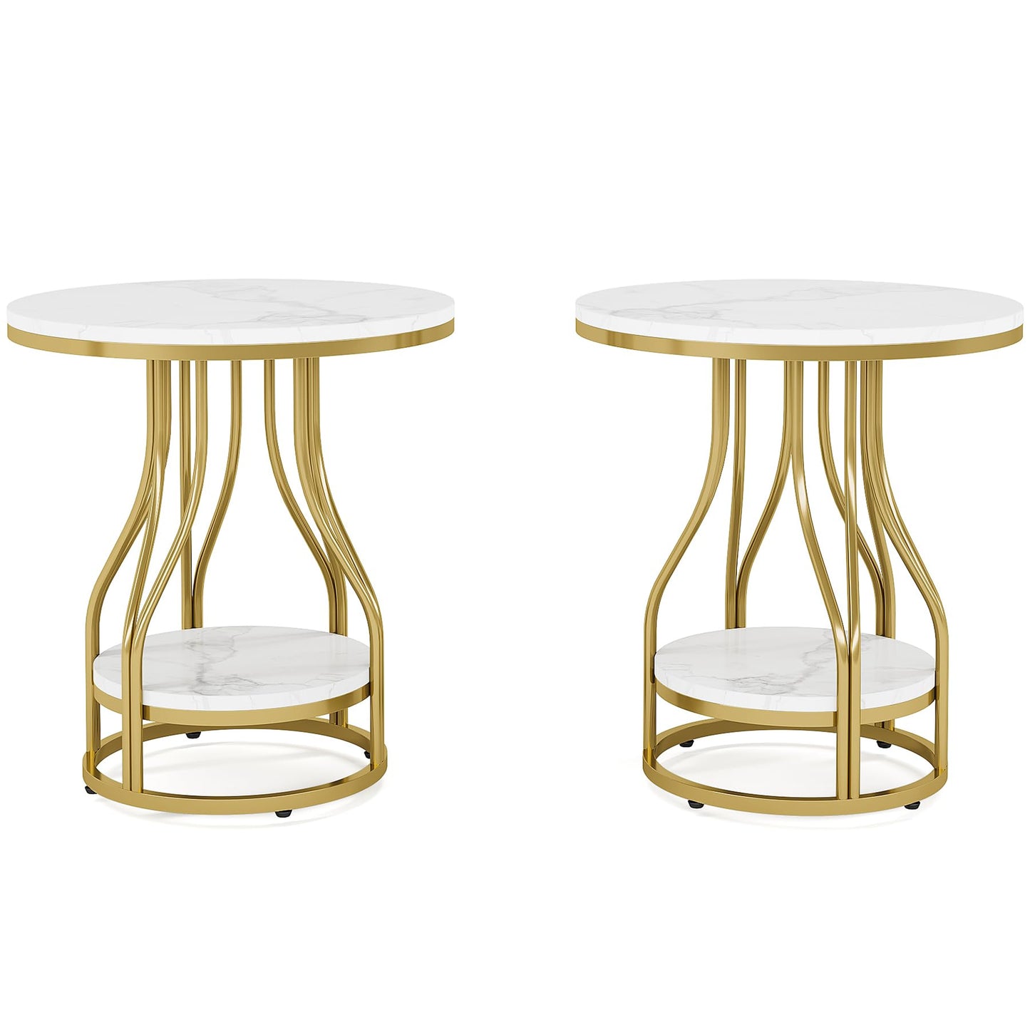 Tribesigns Round Side End Table 2-Tier End Tables Modern Bedside Table Small Chairside Tables with Storage for Couch Side, Nightstand with Metal Frame for Living Room (1, White+Gold)