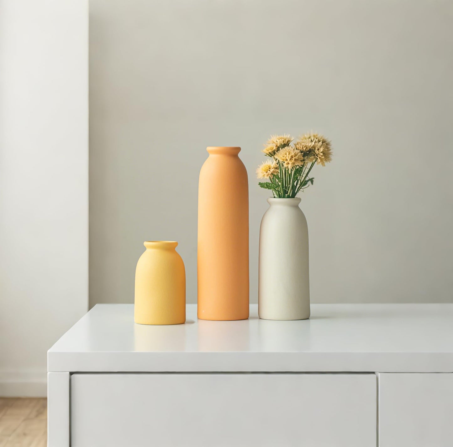10.4 inches Tall Decorative Ceramic Vase Set, 3 Pieces, Nordic Modern Boho Style, White, Modern Farmhouse for Home Decor (Coffee Mix)