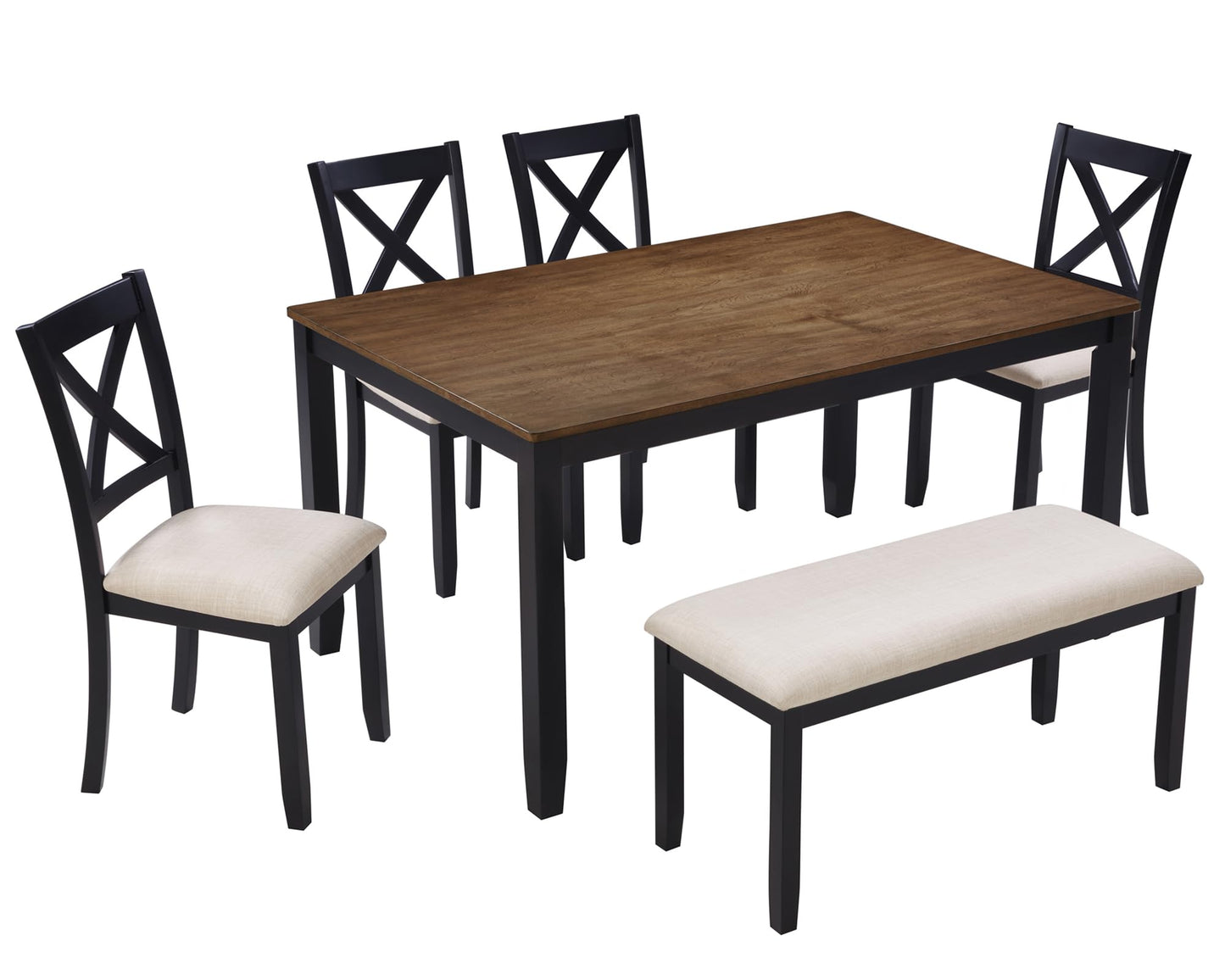 LKTART 6 Piece Kitchen Dining Set, 58.5" Rectangular Wooden Dinner Table with 4 Upholstered Chairs and a Bench for Living Room, Home Bar and Kitchen, Walnut