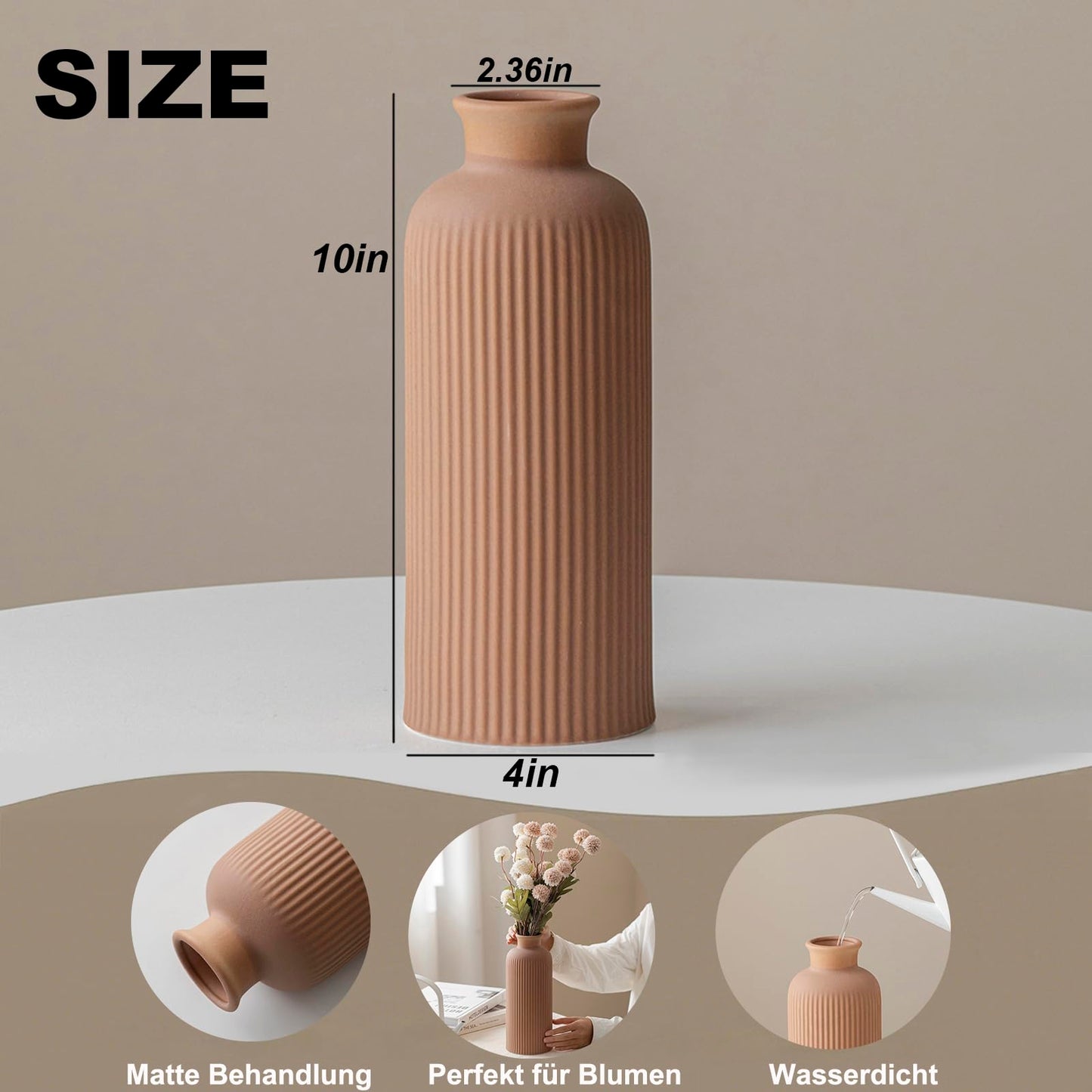 White Ribbed Ceramic Vase for Flowers, Modern Textured Decorative Vase, 10 Inch Tall, Farmhouse Style Home Decor (Matte Glaze White)
