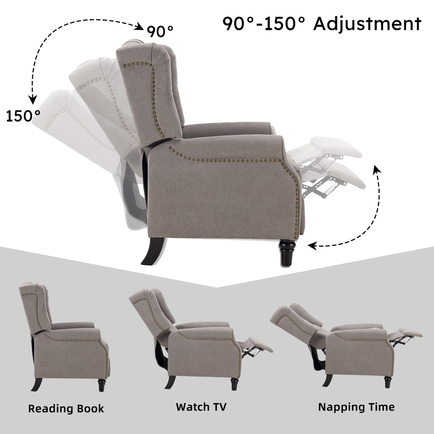 IOMOR Push Back Recliner Chair Fabric Lounge Armchair Pushback Recliner with Rivet Decoration Wingback Single Sofa Chair with Padded Seat for Living Room, Bedroom (1, Navy)