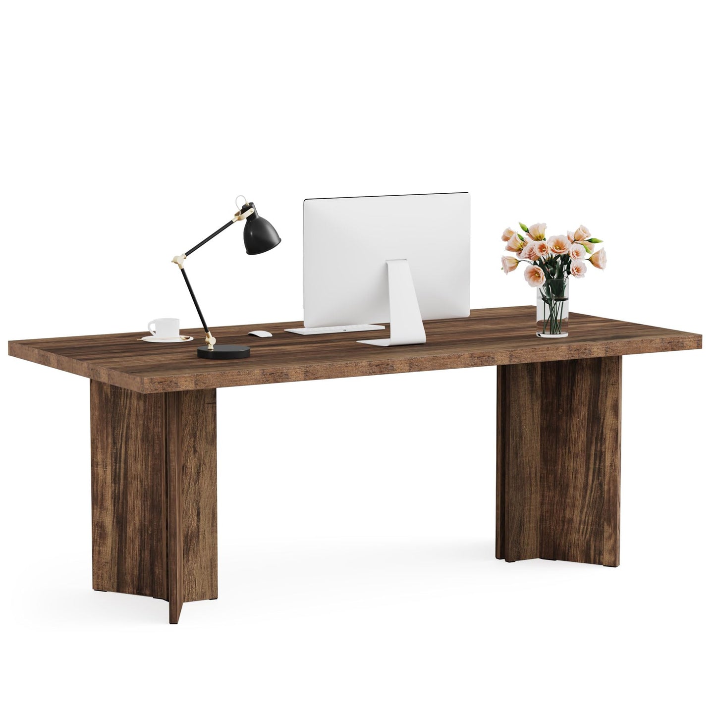 Tribesigns 63-inch Executive Desk, Vintage Home Office Computer Desk with Large Tabletop, Farmhouse Wood Writing Conference Table Workstation for Office, Study, Walnut Brown