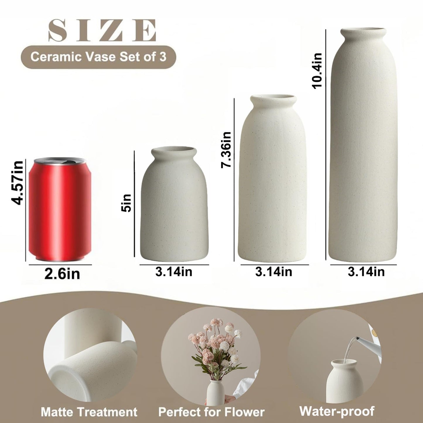 Ceramic Vase Set-3, Small Flower Vases for Decor, Modern Boho Farmhouse Style, Decorative Vases for Pampas Grass & Dried Flowers, Distressed Finish (Beige)
