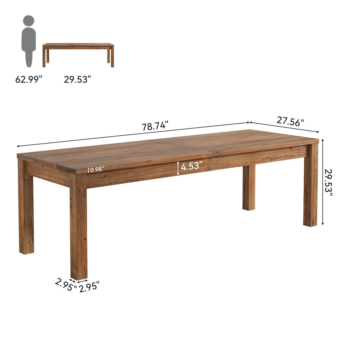 78.7" Large Dining Table for 6 8 10, Solid Wood Rustic Kitchen Table, Modern Farmhouse Rectangular Dining Desk for Kitchen, Living Room, Wood Brown