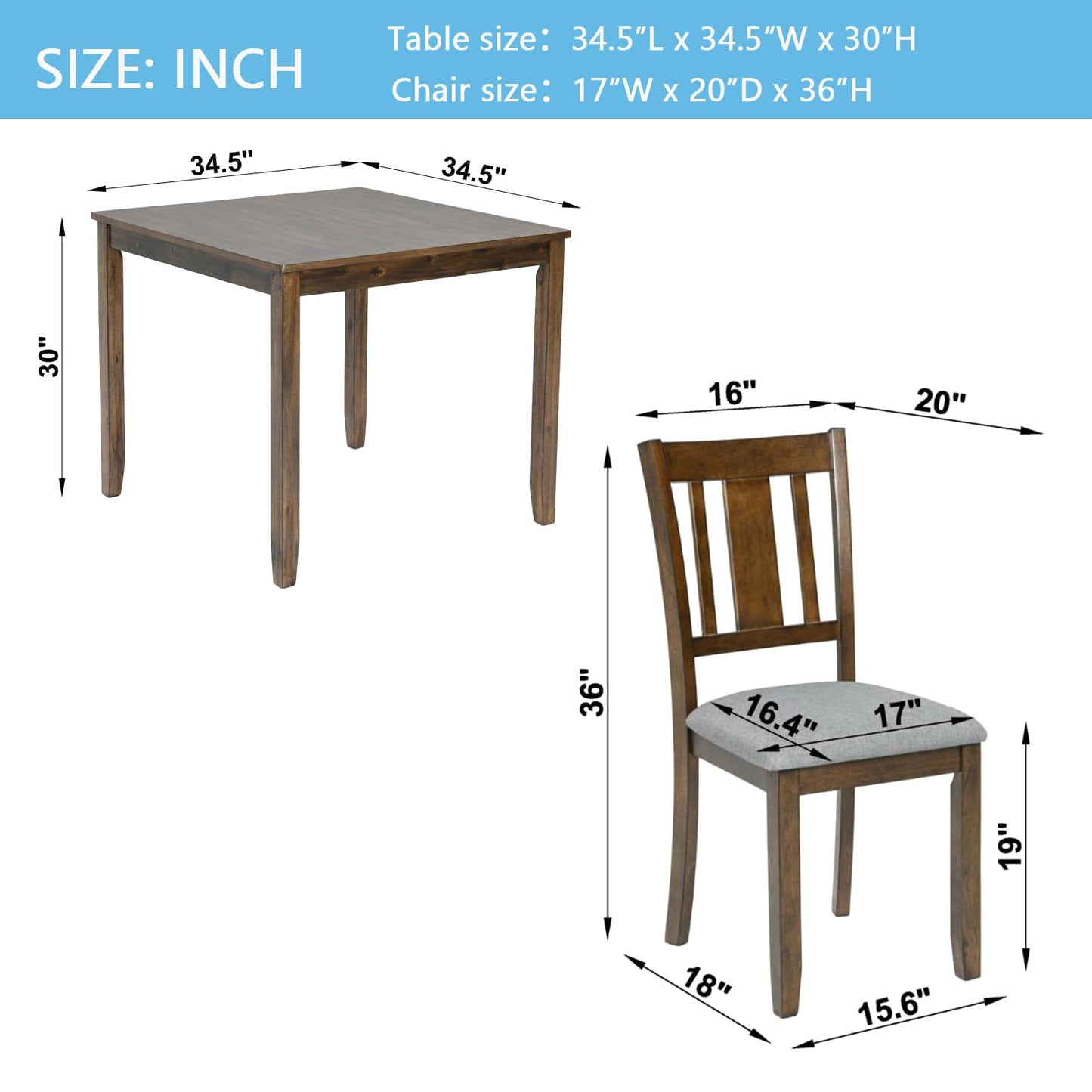 LKTART 5-Piece Kitchen & Dining Room Table and Chairs Sets,Small Square Kitchen Table with 4 Upholstered XX-Shaped Backrest Chairs,Walnut