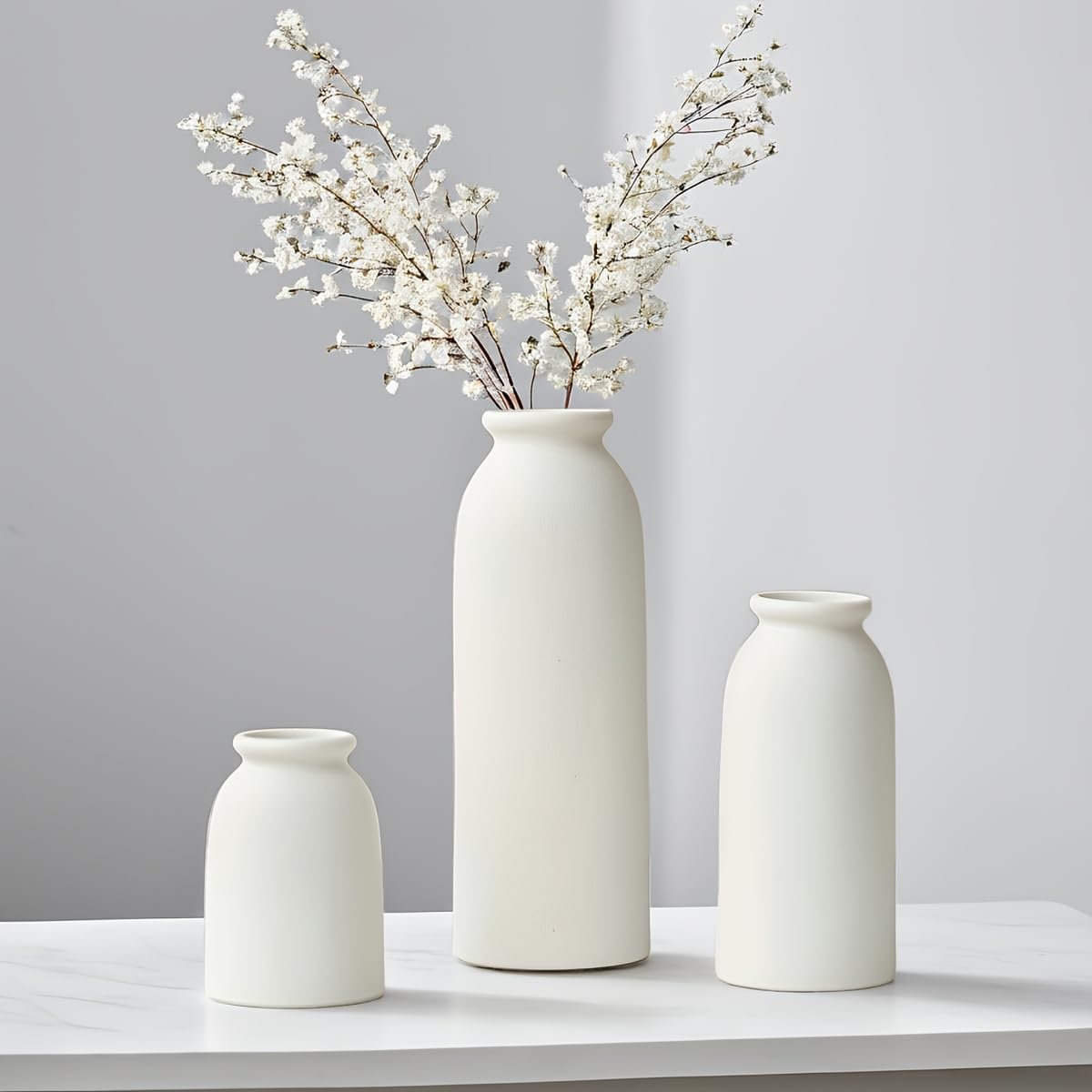 Ceramic Vase Set-3, Small Flower Vases for Decor, Modern Boho Farmhouse Style, Decorative Vases for Pampas Grass & Dried Flowers, Distressed Finish (Beige)