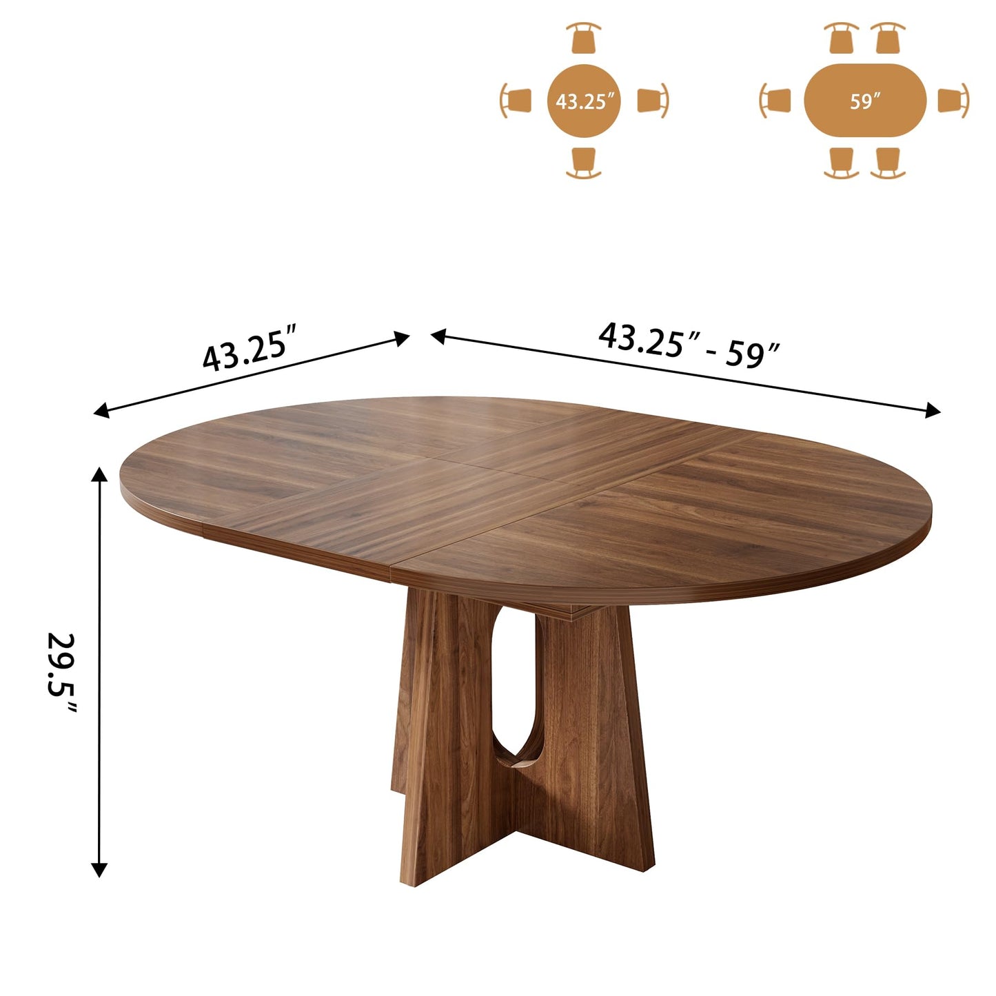 Epecoya 59-Inch Extendable Round to Oval Pedestal Dining Table, Farmhouse Wood Kitchen Table for 4-6 People, Space-Saving Expandable Dinner Table with Heavy Cross Base, Dark Brown Walnut