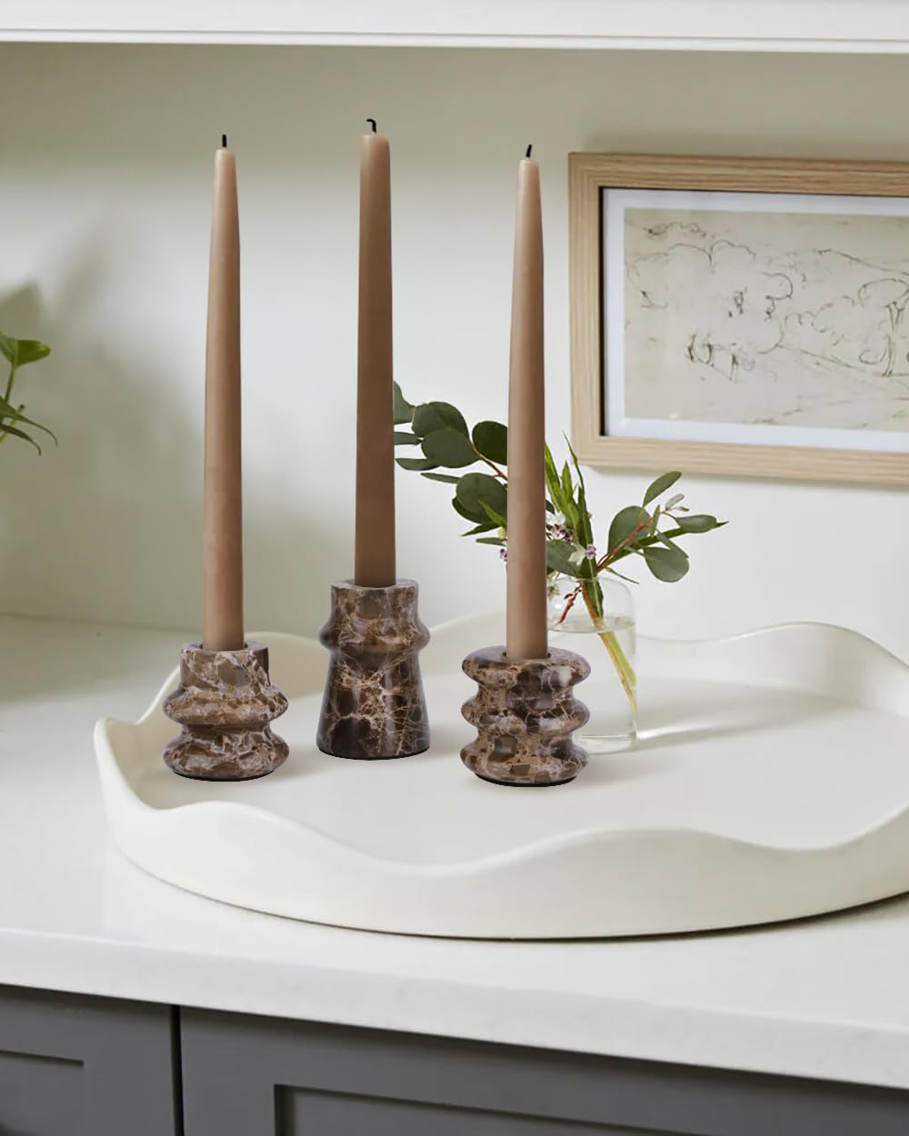 Vixdonos Marble Candle Holder Set of 2 Taper Candle Candlestick Mantle Candle Stand for Home Decor,Wedding,Party and Table Centerpieces(Brown)