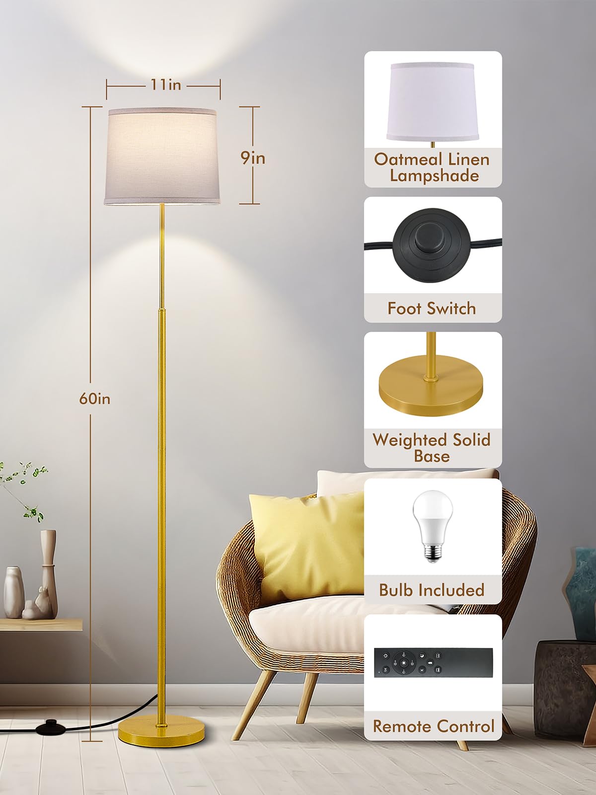 60" Modern Floor Lamp for Living Room Bedroom, Standing Lamp with Oatmeal Linen Lampshade, Tall Lamp with A19 9W 3 Color Temperature Bulb, Foot Switch Control, Black
