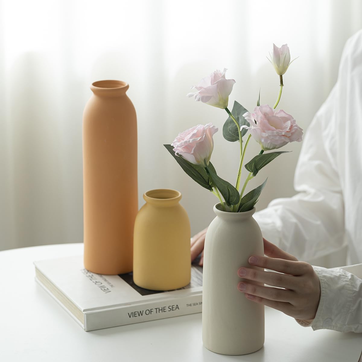 10.4 inches Tall Decorative Ceramic Vase Set, 3 Pieces, Nordic Modern Boho Style, White, Modern Farmhouse for Home Decor (Coffee Mix)